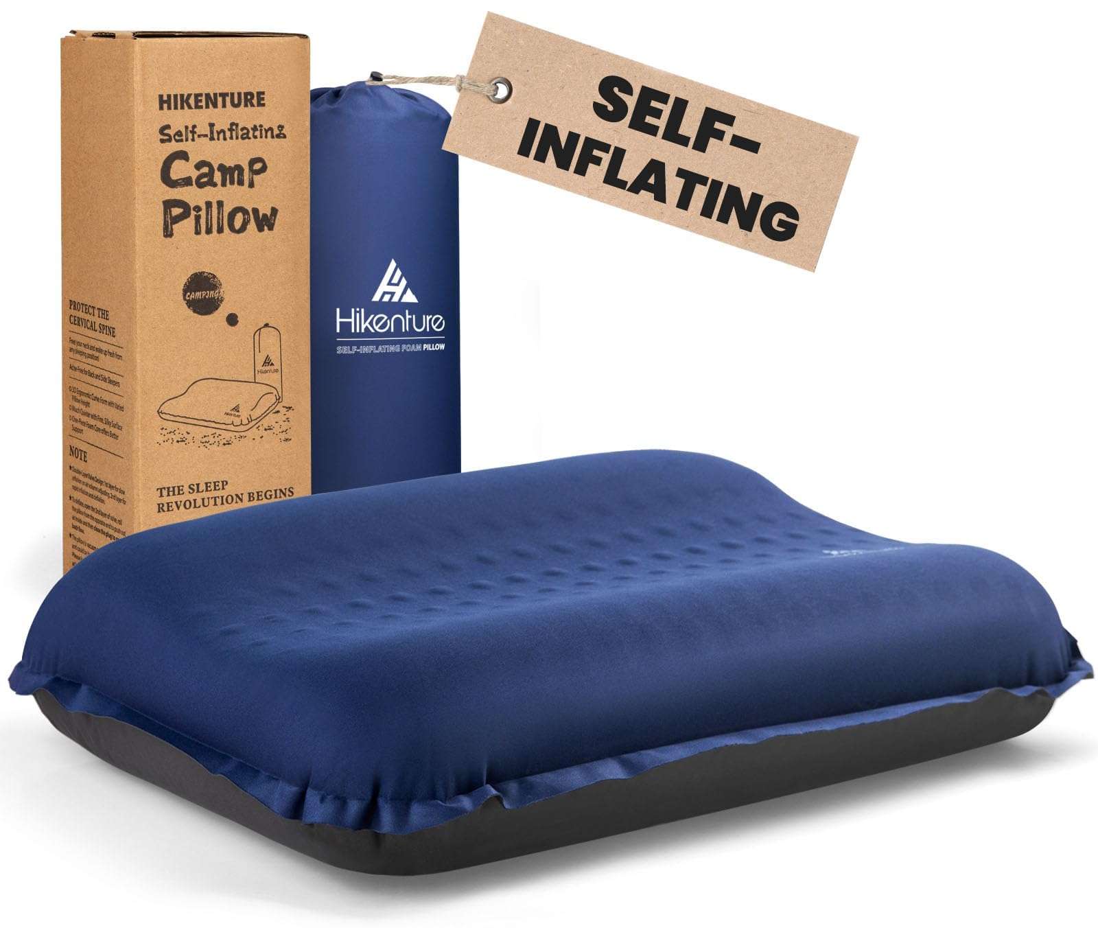 Hikenture Self Inflating Camping Pillow, Foam Travel Pillows for Sleeping, Ergonomic 3D Support Inflatable Pillow, Compressible Blow Up Camp Pillow, Portable Backpacking Pillow, Blue 1