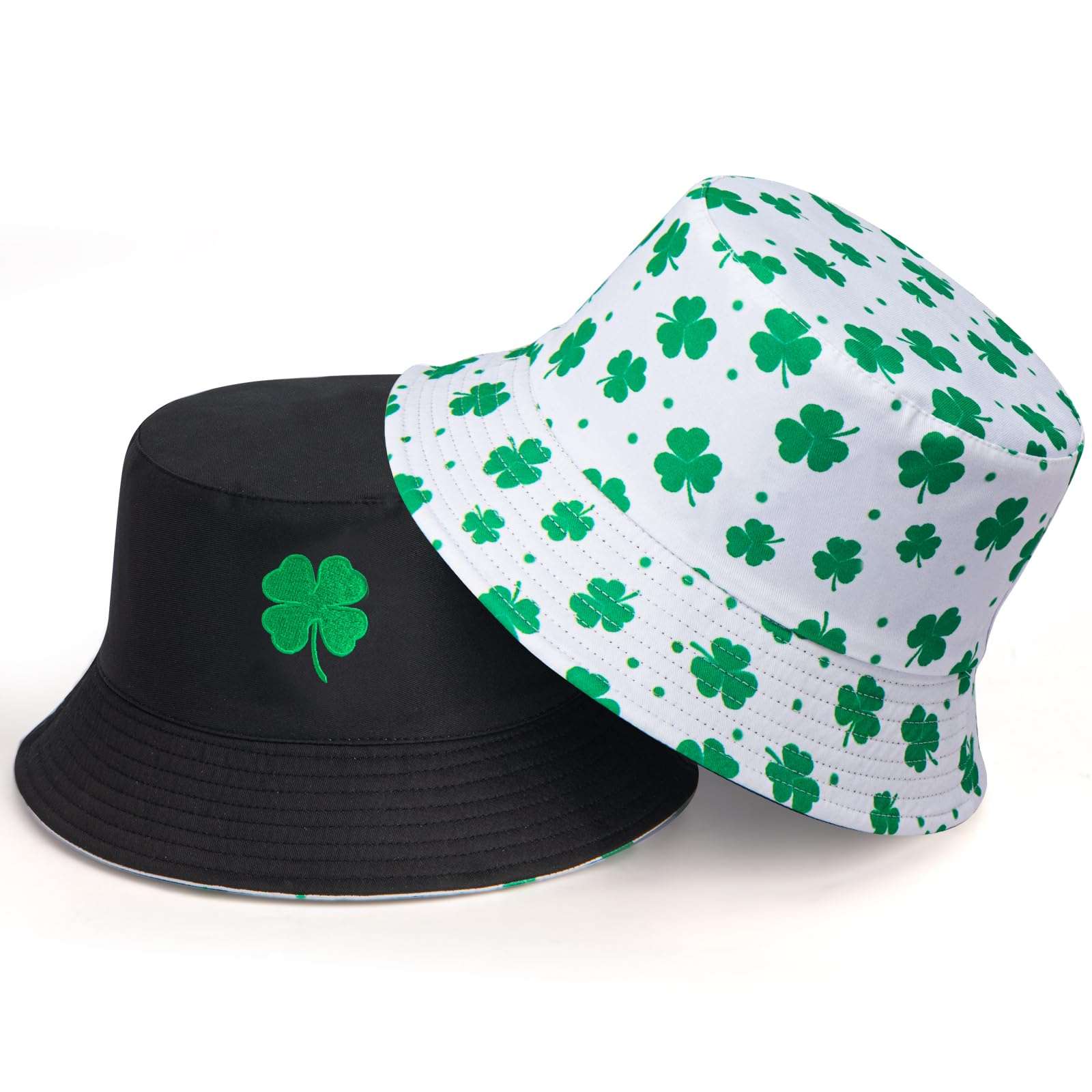 St Patricks Day Bucket Hat Embroidery Lucky Charm Clover Fisherman Hat Double-Side Outdoor Reversible Cap for Men Women Adults 1