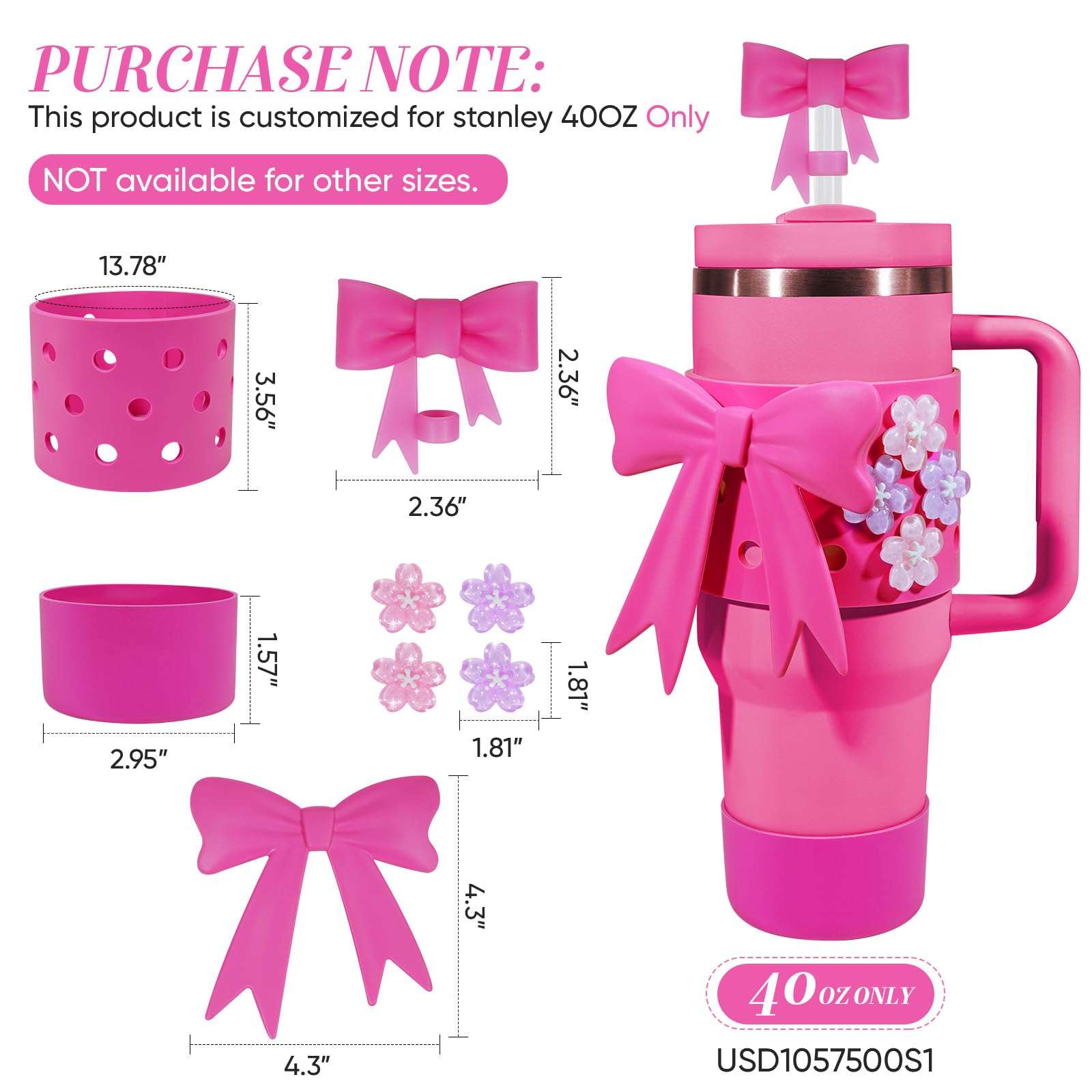 Miglaja Accessories for Stanley Cup 40OZ, Silicone Bow Set Contains Bows Straw Cover, Holey Cups Cover，Cup Boot, Flower Charms and Big Bow(Fuchsia) 3