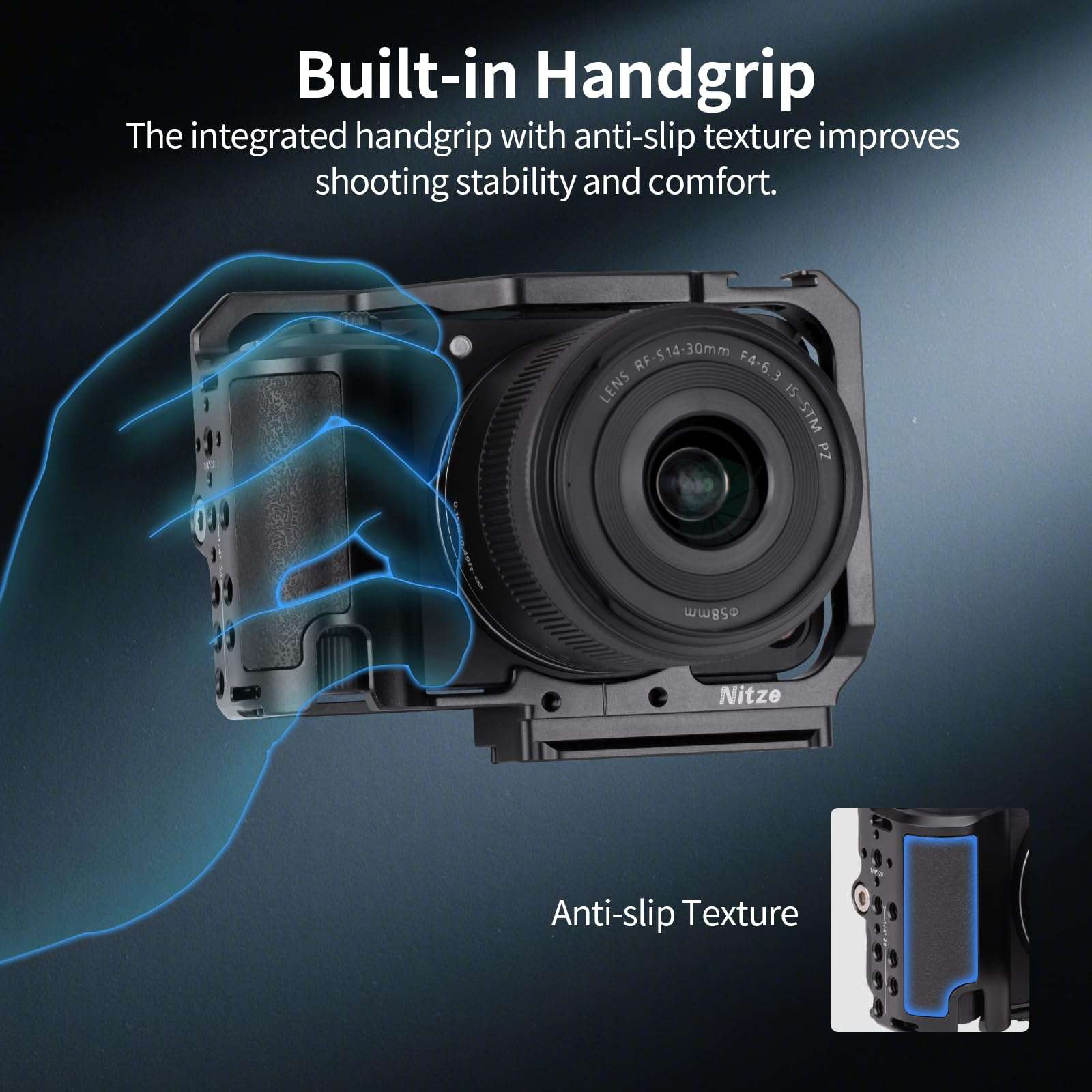 Nitze R50V Cage for Canon R50 V Camera, with Cold Shoe Adapter and Built-in Ergonomic Silicone Grip, Quick Release for Arca and Cold Shoe, Supports Vertical Shooting - T-C07A 4