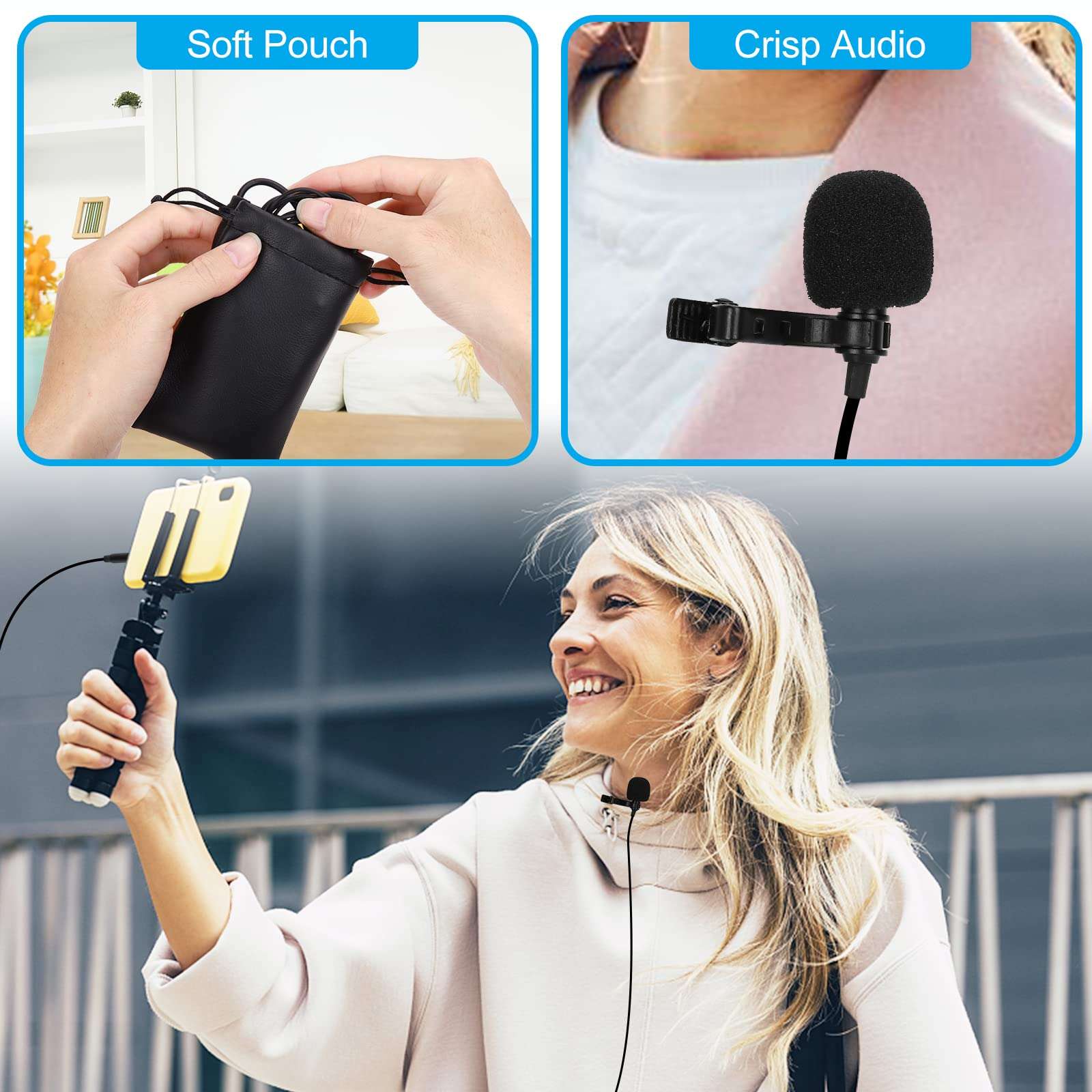 Professional Grade Lavalier Lapel Microphone for Panasonic P85 Nxt Compatible with iPhone Phone or Camera Blogging Vlogging ASMR Recording Video Tiny Shirt Microphone with Easy Clip On System 4