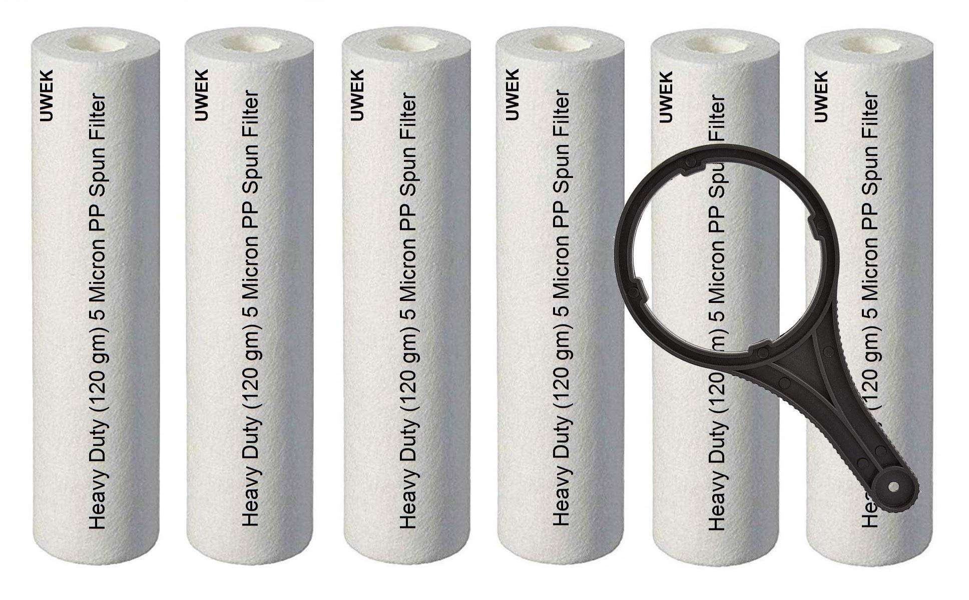 UWEK 5 Micron 10" inch PP Spun pre Filter, Heavy Duty 120 gm with Spanner (6+1) Suitable for RO Water Purifier (Pack of 7 item)