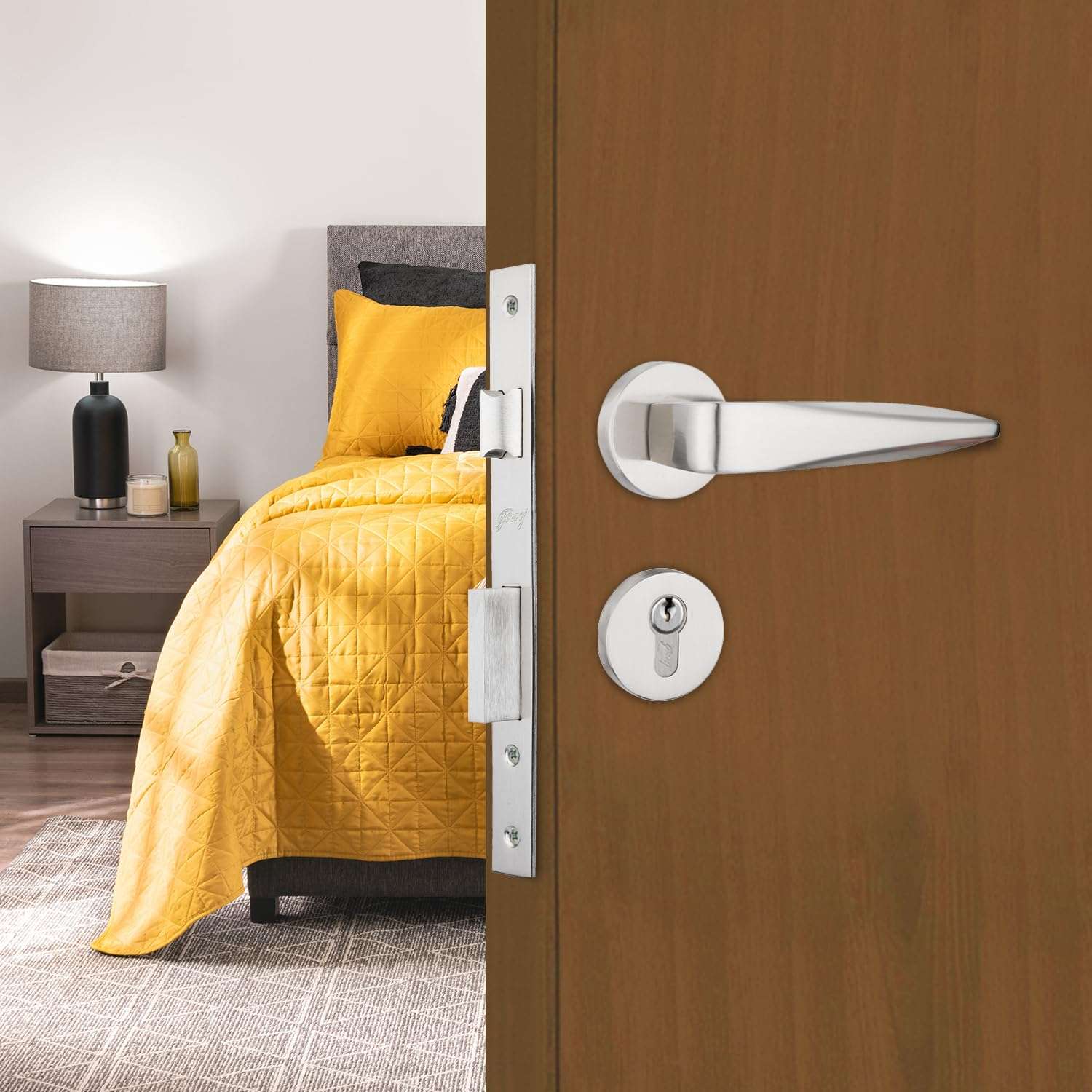 Godrej Mortise Lock|Handle Lock Set for Main & Bedroom Door|HDH 03 Rossette Home Décor Handle|Satin Steel Walnut Finish|9 Inch Lockbody|70mm 1CK Cylinder - Knob from Inside & 3 Keys | 5 Y Warranty 3