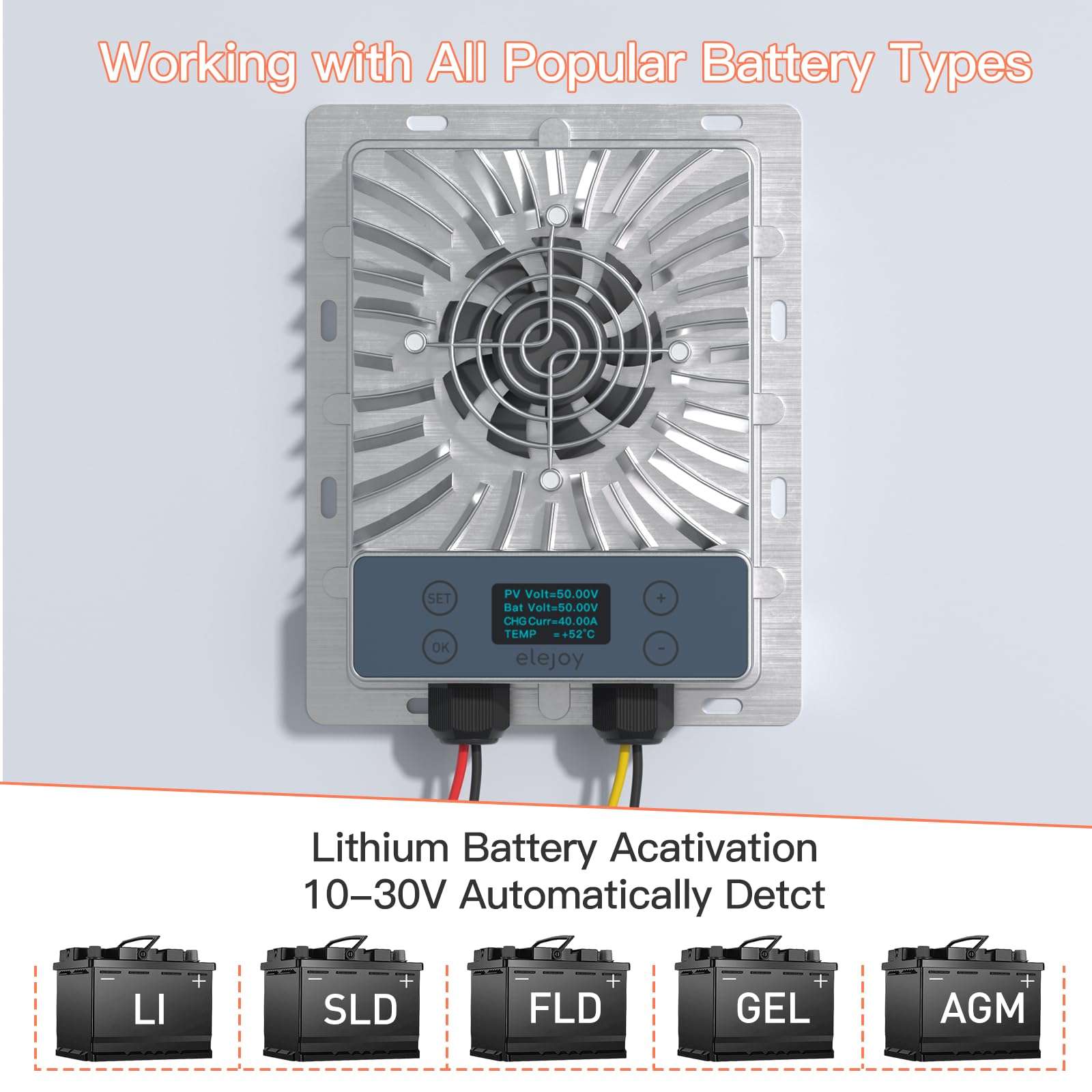 ELEJOY 40 Amp 600W MPPT Solar Charge Controller IP65 Waterproof Step-Down Adjustable 10-30V Battery System Auto,Max PV Voltage 84V Solar Panel Regulator 5