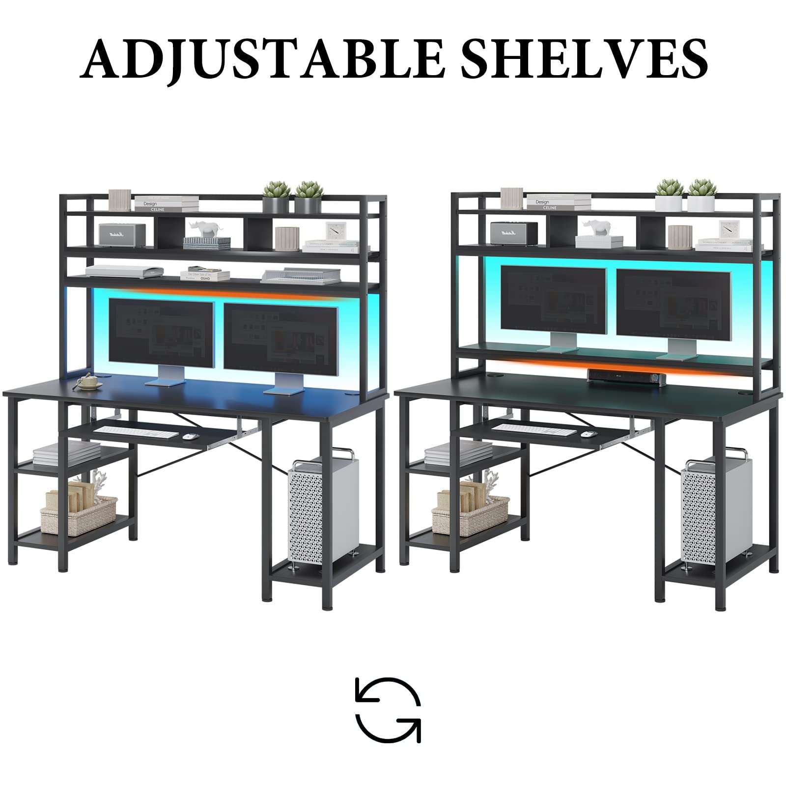 SEDETA Gaming Computer Desk , 55" Desk with LED Lights and Hutch , Storage Shelves , Keyboard Tray & Monitor Stand , Home Office Gamer PC Table , Black 2