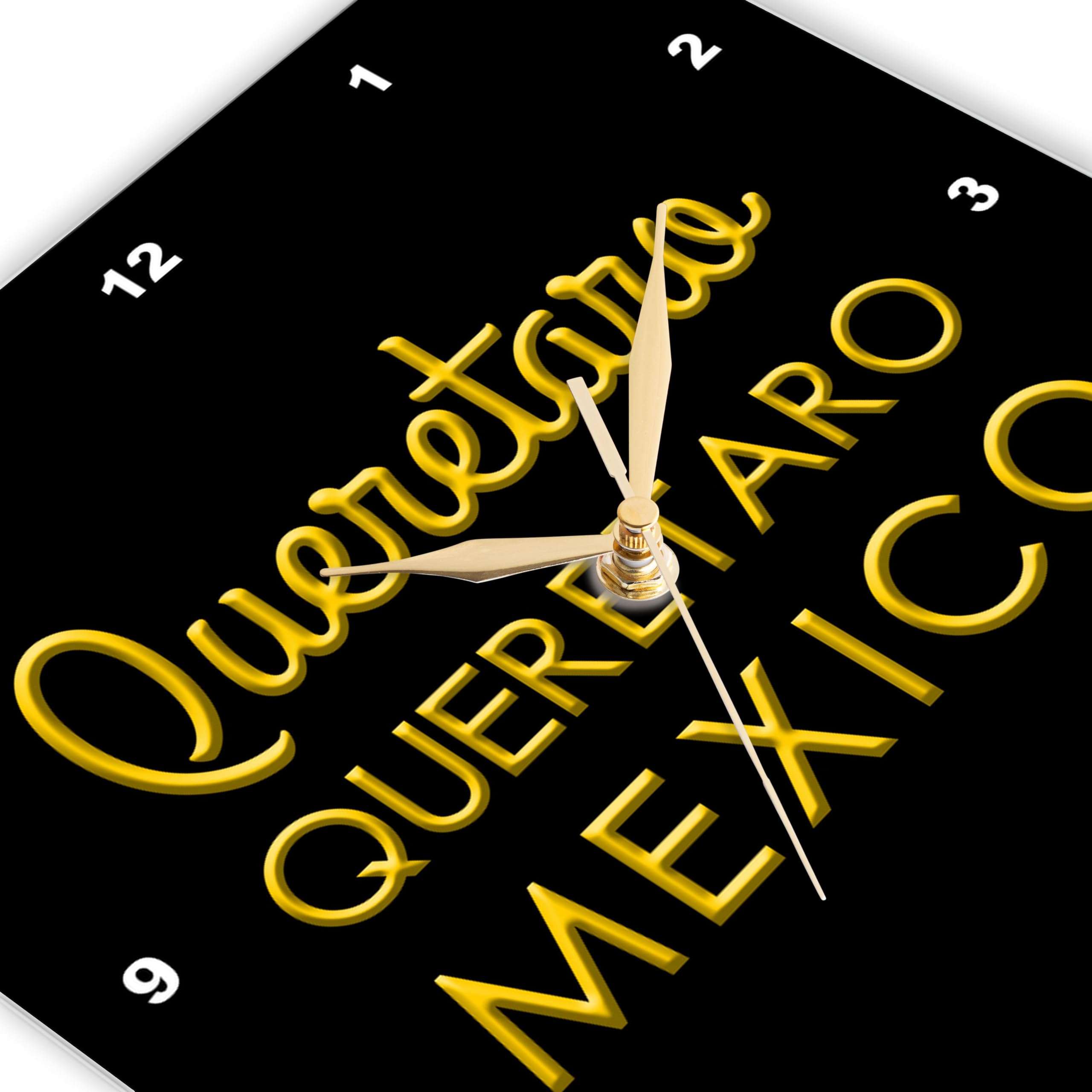 3dRose Wall Clock Silent - 10 inch - Queretaro, Queretaro, Mexico. Yellow Text on Black Amulet, Charm Gift - Alexis Design - Mexican Cities Gold on Black 3