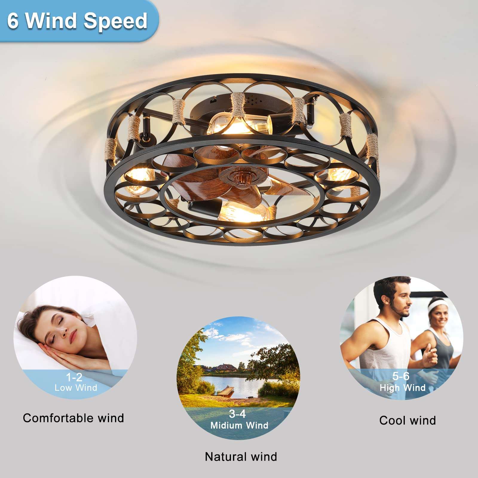 Fulvari Caged Ceiling Fan, One Size, Black 5 Led Bulbs Include 3