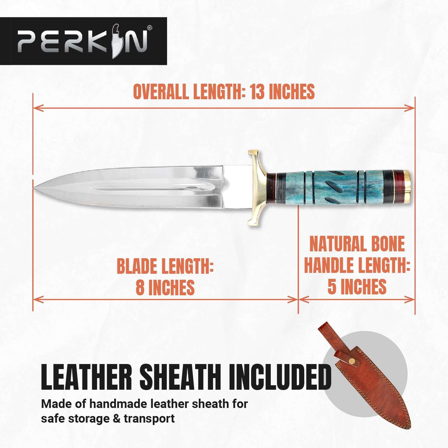 Perkin Hunting Knife - 13” Double Edge Knife - Handmade Knife with Leather Sheath - 440C Razor Sharp Steel Spear Point Blade with Colored Bone Handle for Camping, Tactical, and Survival 5