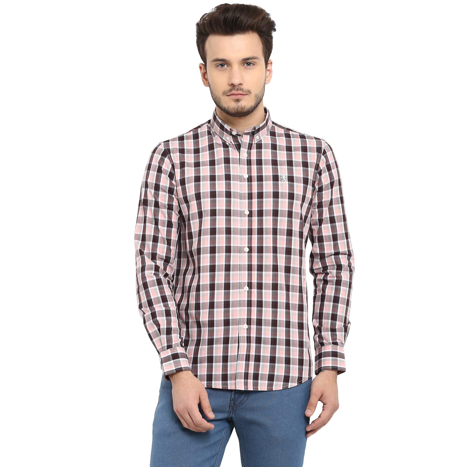 Red Tape Men's Checkered Regular Fit Casual Shirt (RFS0001A_Apricot Black L)