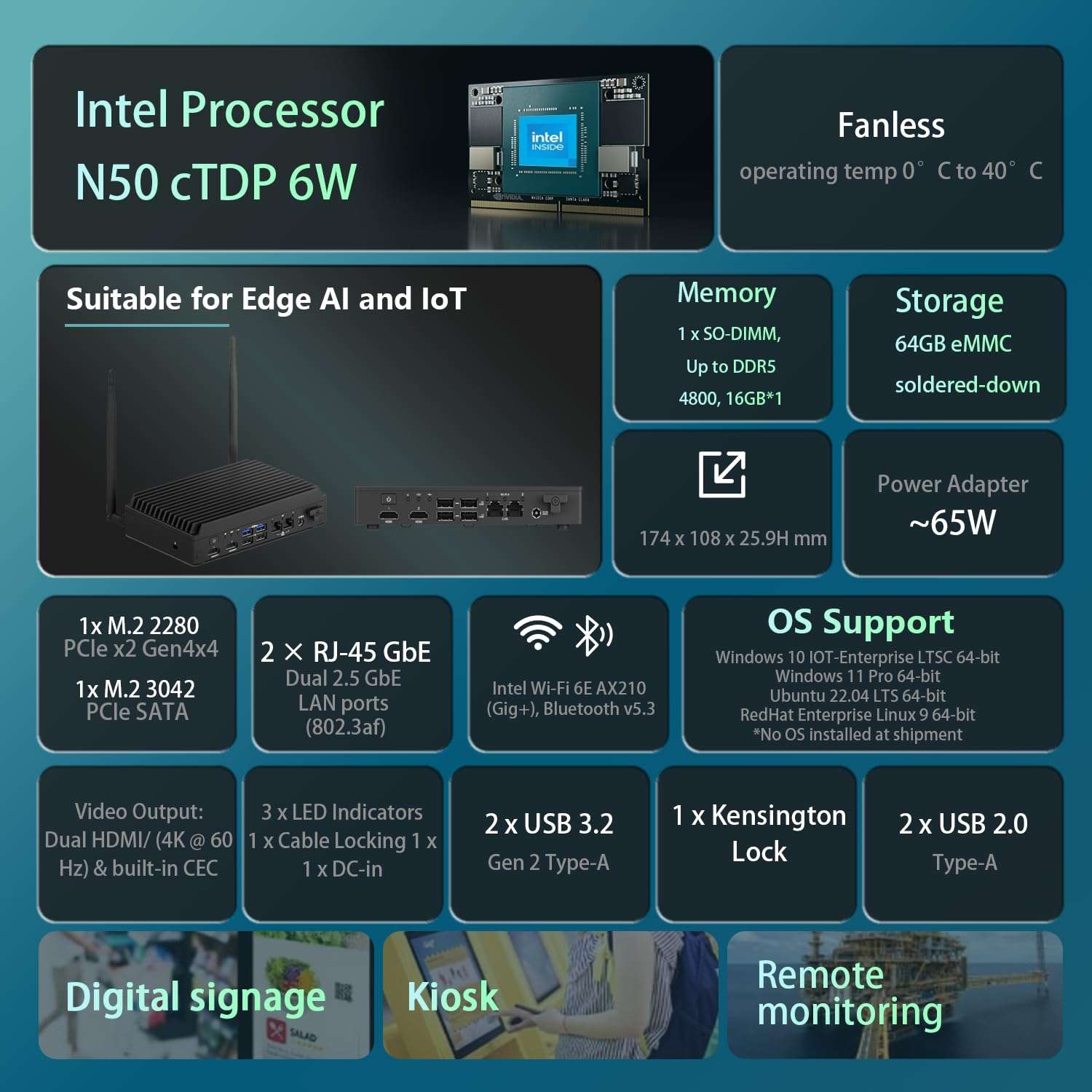 ASUS NUC 13 Rugged Fanless Mini PC for IoT Edge Deployment, Intel N50 Processor, 64GB eMMC, Compact Durable Design, Expandable I/O, Dual LAN, Wi-Fi 6E, Business & Industrial Embedded Edge Computer 3