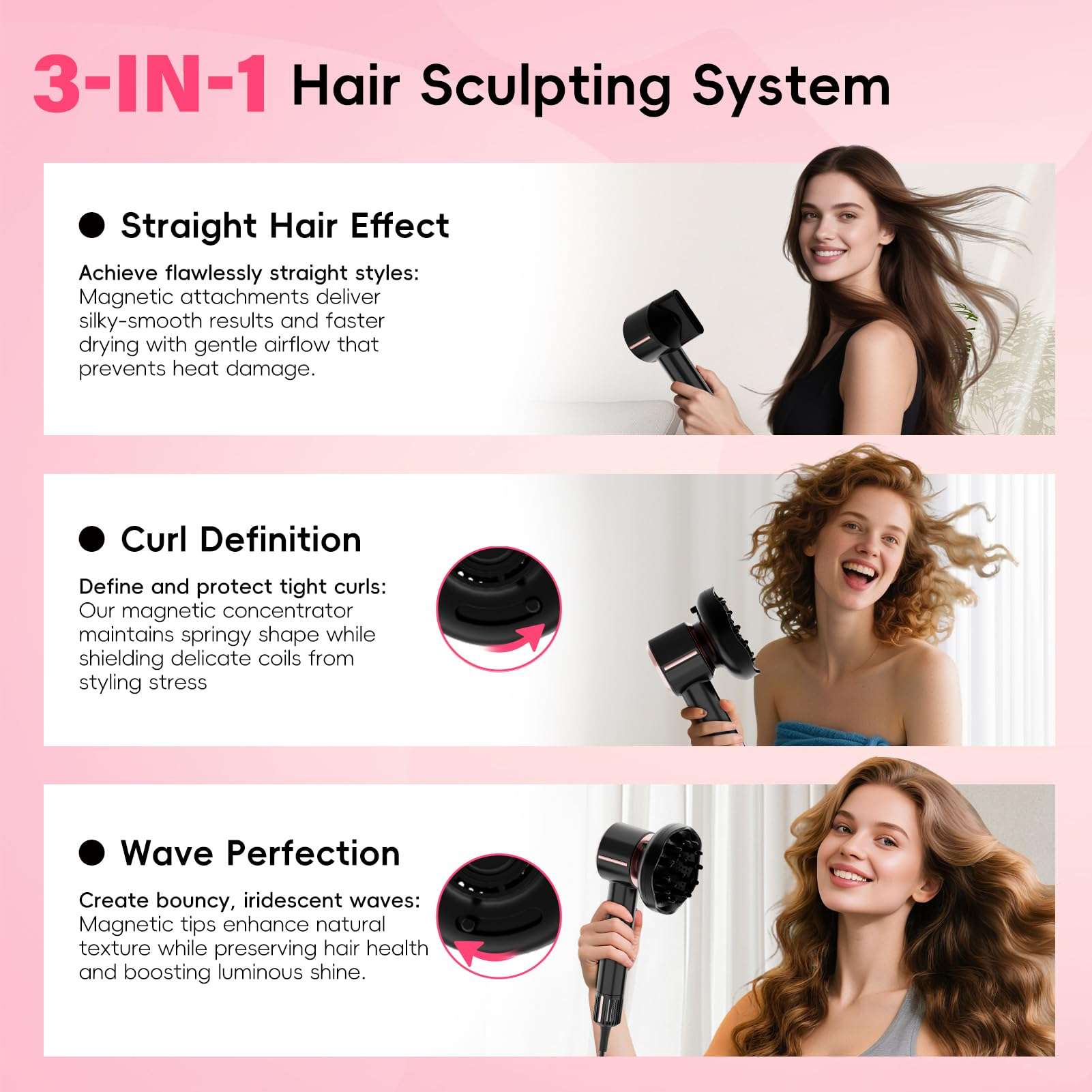 CINOSTAR Hair Dryer, Fast Drying Blow Dryer with Diffuser, with 110, 000RPM Brushless Motor&Ionic Technology No Heat Damage, Lightweight for Women and Travel, Low Noise, Black & Blush Rose 5