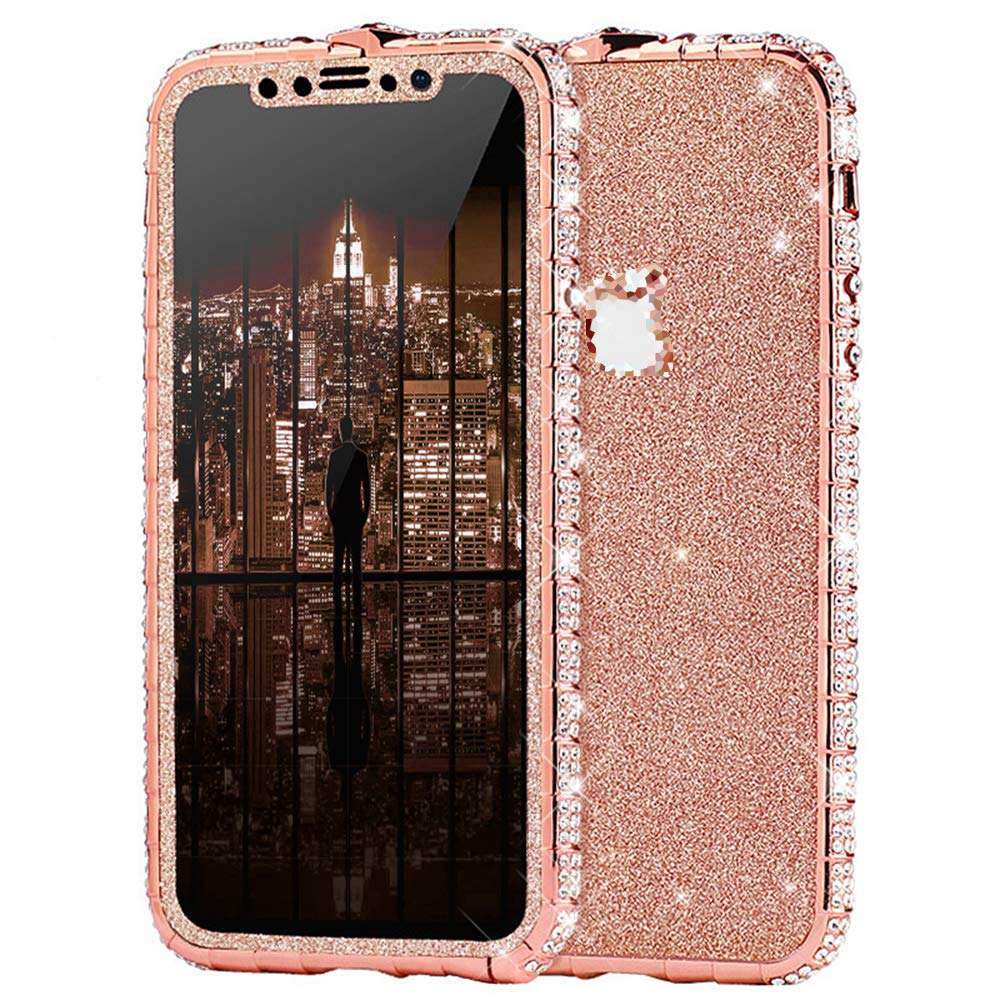 Case for iPhone 7 Cover,Girls and Women Luxury Sparkly Bling Glitter Rhinestone Diamond Metal Button Bumper Case Cover & Shiny Glitter Sticker Protective Cover for iPhone 7 Diamond Case,Rose Gold 1