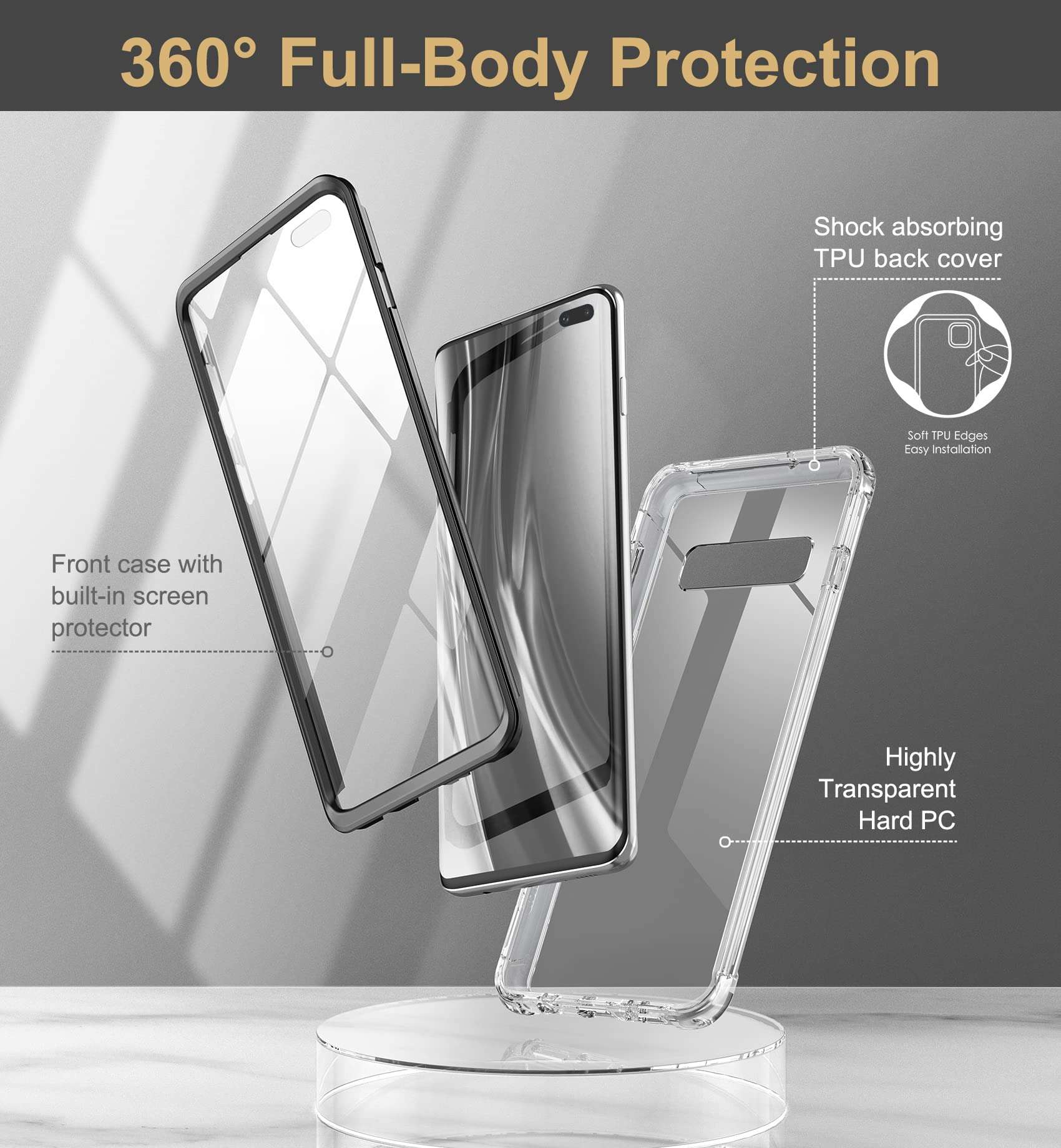 SURITCH Case for Galaxy S10 Plus [Built-in Screen Protector] Matte Black Full-Body Protection Shockproof Rugged Hard Cover for Samsung Galaxy S10 Plus [Compatible with Fingerprint Sensor (Black) 4