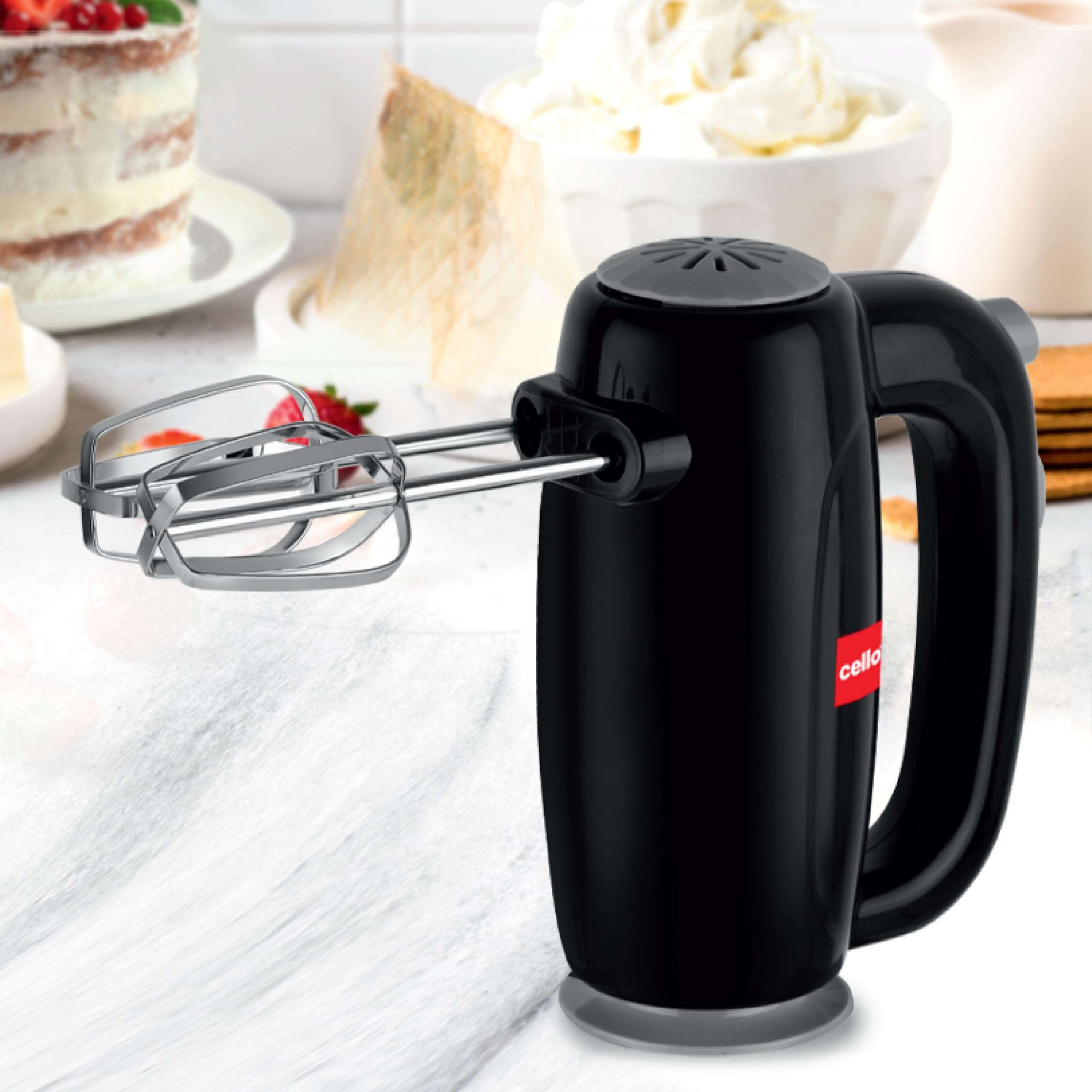 CELLO Besto Hand Beater Mixer 300 Watts Black | 5 Variable Speed Controls, Power Full Motor, One Touch & Unbreakable Stand, SS Beaters & Dough Hooks For Mixing Beating Kneading 4