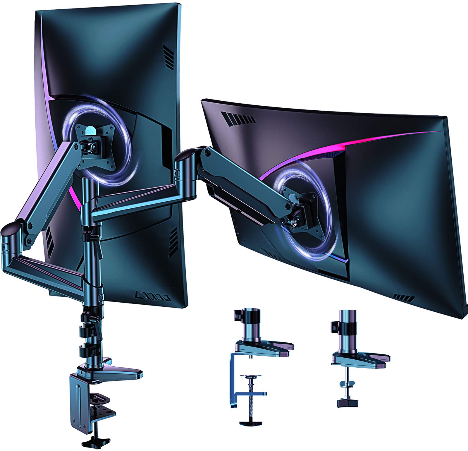 HUANUO Dual Monitor Mount Stand - Aluminum Gas Spring Arm Height Adjustable Monitor Desk Mount VESA Bracket for Two 17 to 32 Inch Flat / Curved LCD Computer Screens with C Clamp, Grommet Base, Black