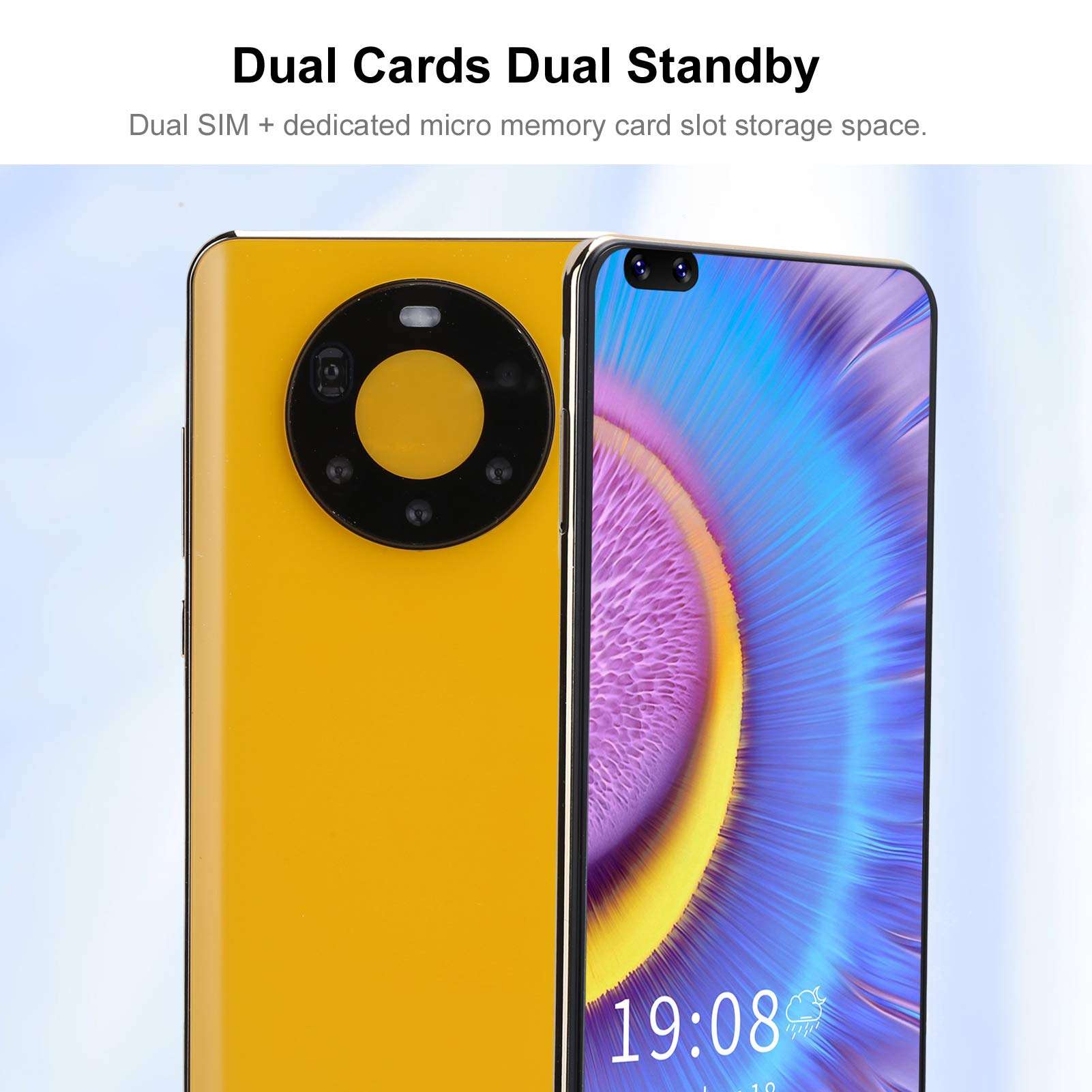 Zyyini Mate50 Pro+ Unlocked Smartphone, 6.82'' HD Full Screen Smartphone, Dual SIM, 2GB + 16GB, 2MP + 5MP Camera Autofocus, APP Face Recognition, with WiFi+BT+FM+GPS(Yellow) 5