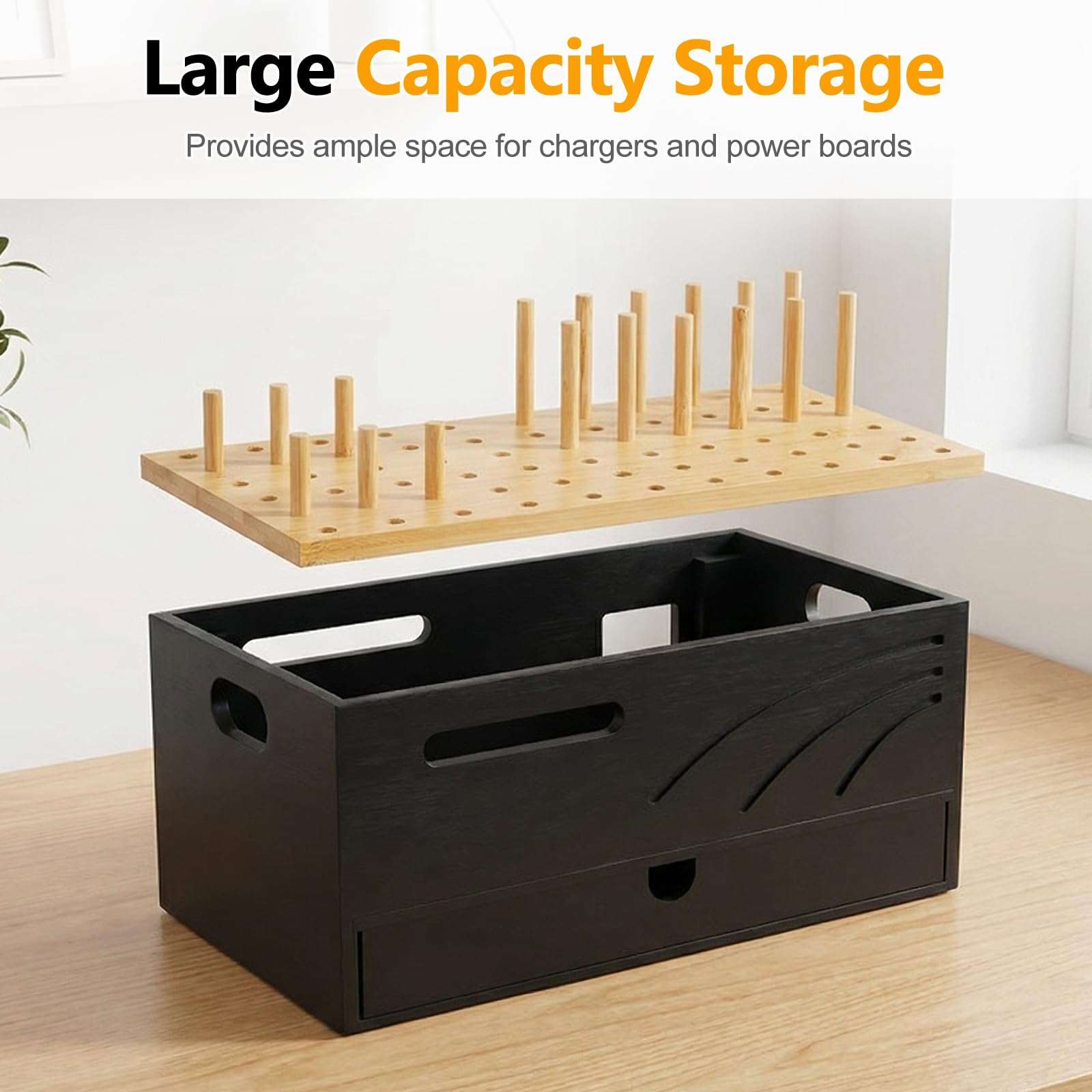 Homde Bamboo Charging Station Organizer: 2 Layer Charger Holder with Drawer for Office Home - Electronic Docking Stand for Multiple Devices, Tablets, Phones （Black） 3