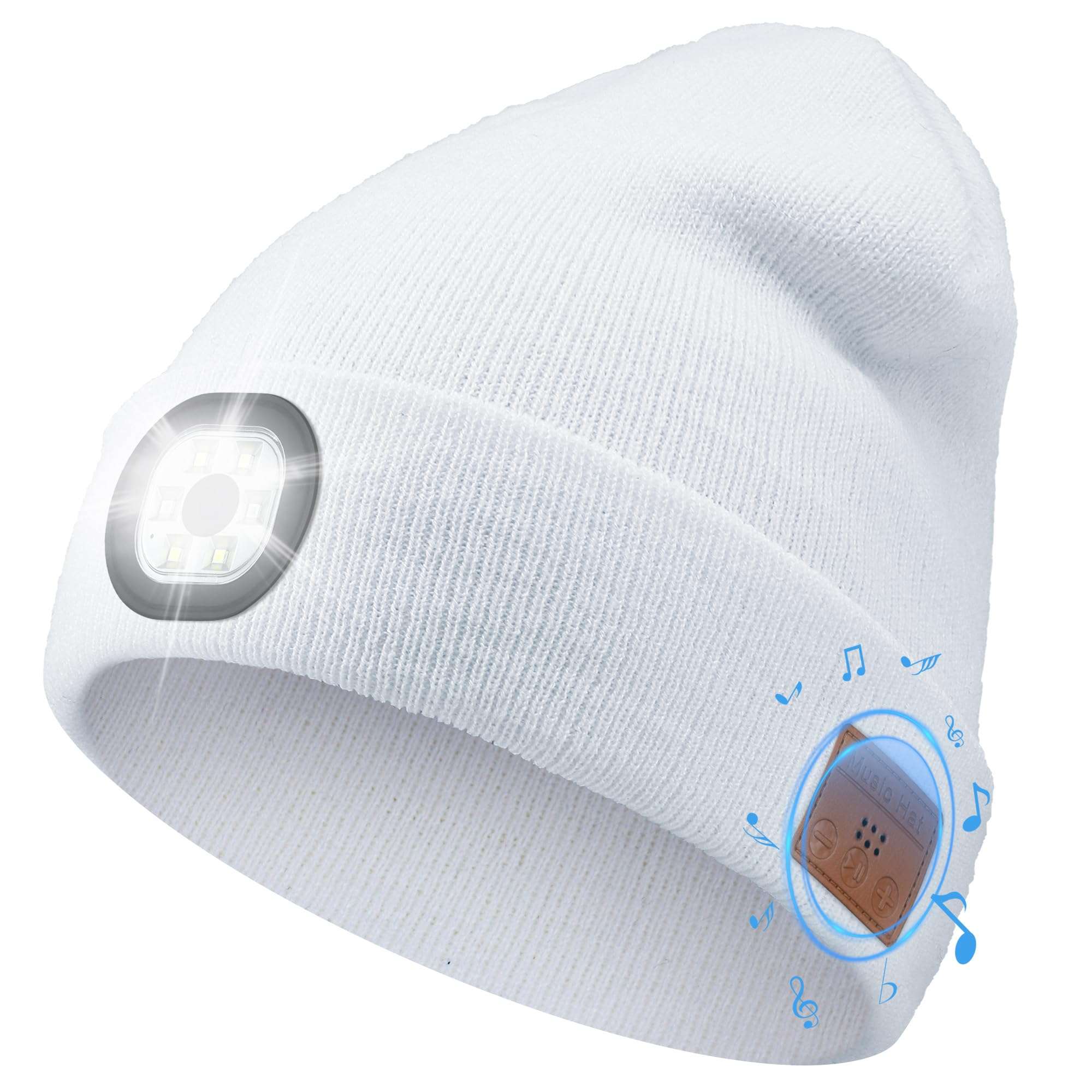 Yontune Bluetooth Hat with Light, Unisex USB Rechargeable 6 LED Headlamp Beanie Cap with Headphones Black Winter Lighted Beanie for Outdoor Sports