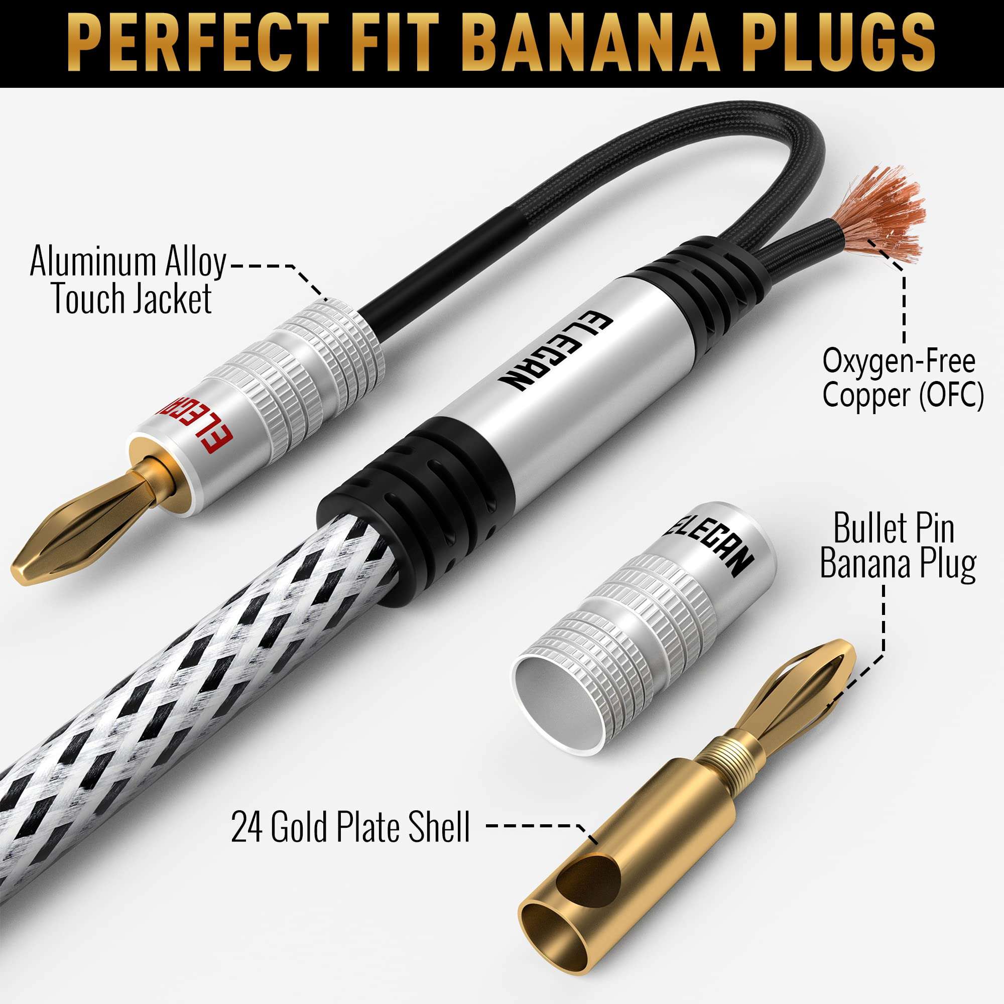 Elecan 14 AWG Speaker Cable Wire 30 Feet with Gold-Plated Banana Tip Plugs-CL2 Rated-in Wall-Heavy Duty Nylon Braided, Oxygen-Free Copper (OFC)-White-with 5 Cable Ties 3