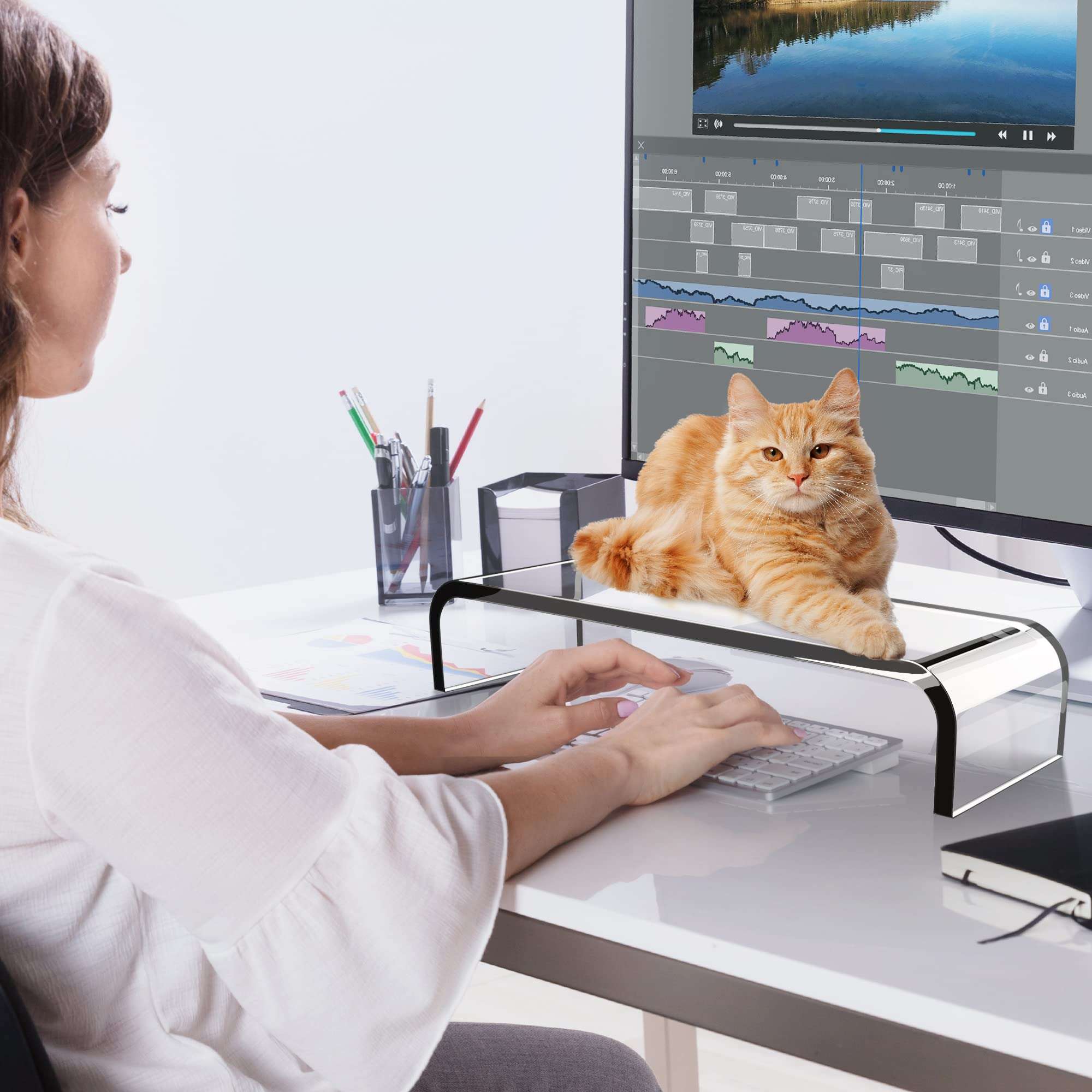 AboveTEK Acrylic Monitor Stand, Premium Large Monitor Riser 20 inch, Crystal Clear Acrylic Computer Stand Laptop Desk Stand for Home Office Printer TV Screen Keyboard Storage 6