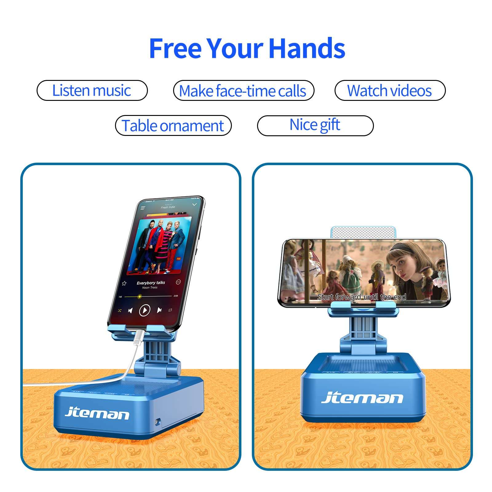 JTEMAN Cell Phone Stand with Wireless Bluetooth Speaker,Kitchen Gadgets for Men,Perfect for Home and Outdoors with Bluetooth Speaker for Desk Phone Holder Compatible with Most Smart Phones - Blue 6