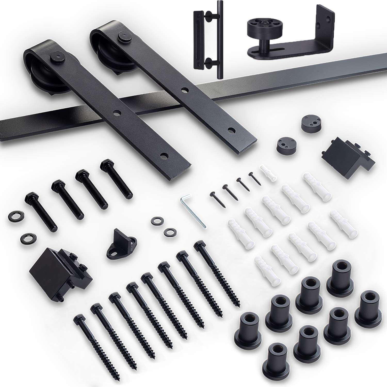 YIGOLD 8 ft Sliding Barn Door Hardware Kit Heavy Duty Sturdy Factory Outlet Carbon Steel(Additional with 1x Floor Guide Metal,1xHandle Pull and Flush Hardware Set),J Shape Hanger (8ft) 1