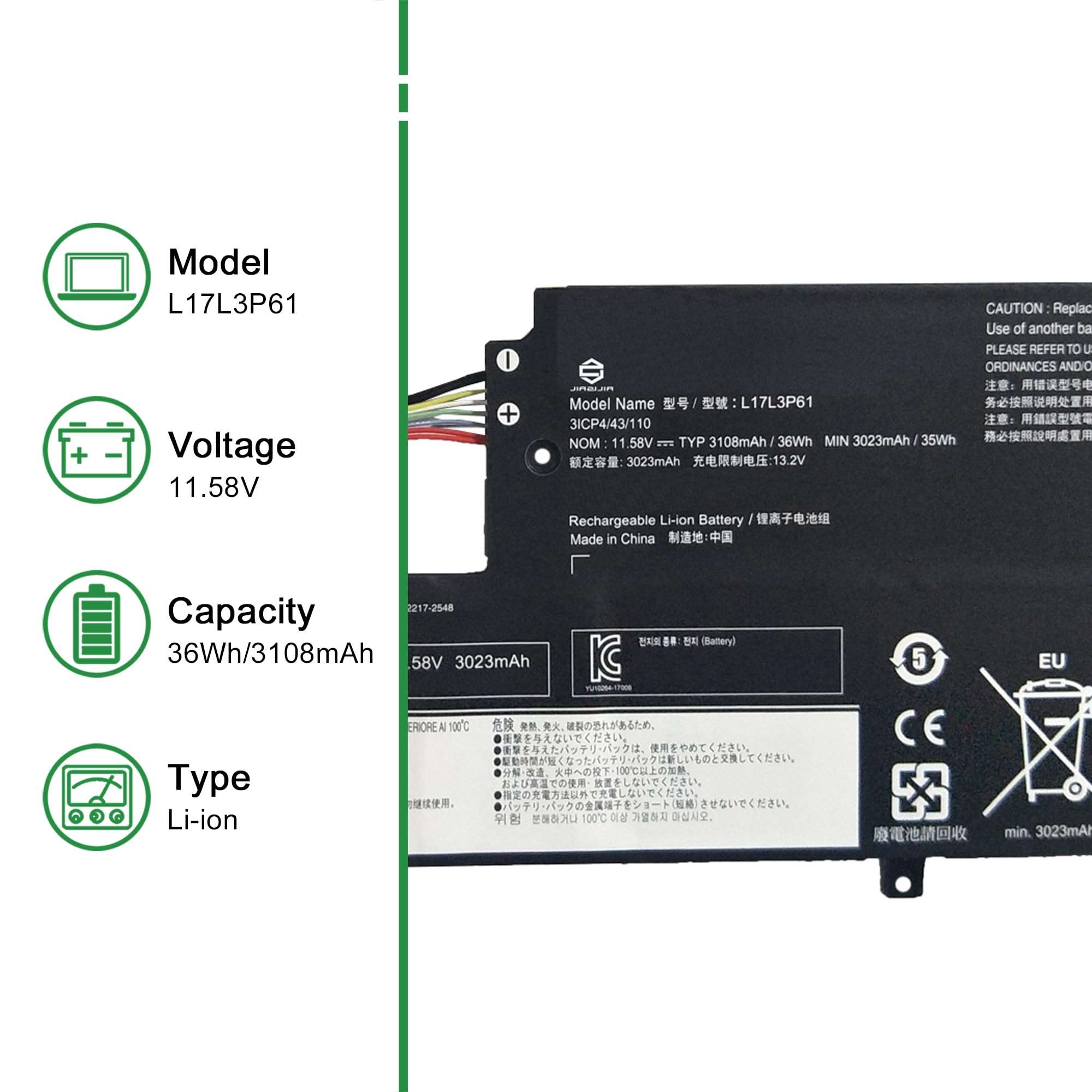 JIAZIJIA L17L3P61 5B10N87357 Laptop Battery Replacement for Lenovo IdeaPad 320S-13IKB Yoga 720-12IKB 330-11IGM Flex 6-11IGM Series Notebook L17M3P61 5B10N87358 L17C3P61 5B10N87359 11.58V 36Wh 3108mAh 2