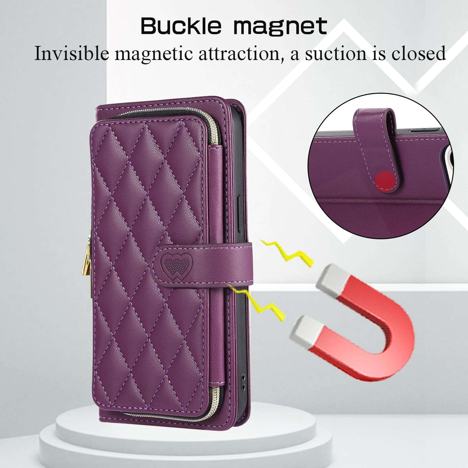 Furiet Argyle Wallet Case for Unimax UMX U696CL with Wrist Strap Shoulder Strap, 9+ Card Slots Zipper Purse Luxury PU Leather Card Holder Stand Checkered Cell Phone Cover for Women Girls Deep Purple 6