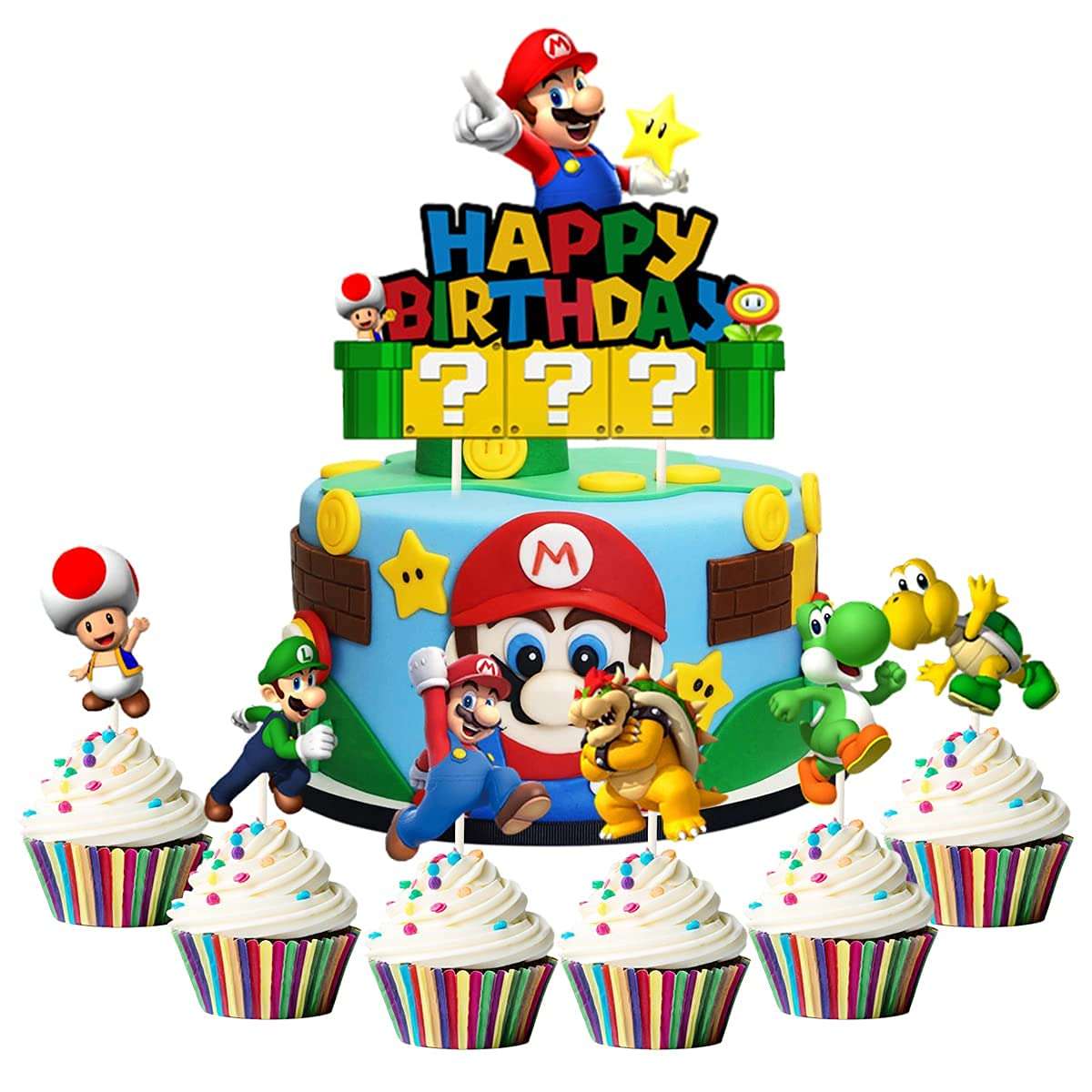 7pcs Acrylic Super Mario Happy Birthday Cake Topper, Mario Bros Smash Cake Topper, Super Mario Party Supplies for Children