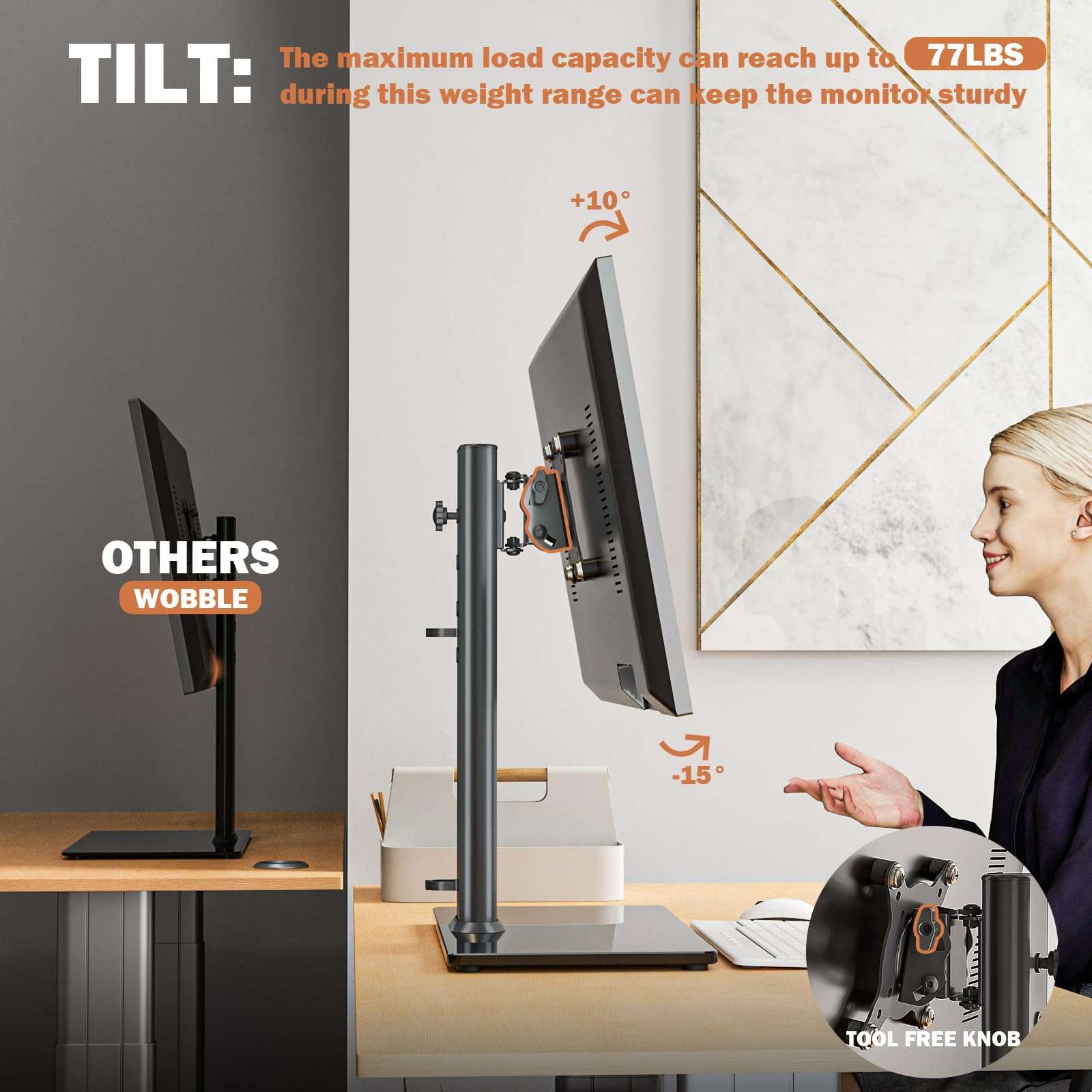 Single LCD Computer Monitor Free-Standing Desk Stand Mount Riser for 13 inch to 32 inch screen with Swivel, Height Adjustable, Rotation, Vesa Base Stand Holds One (1) Screen up to 77Lbs(HT05B-001)) 4