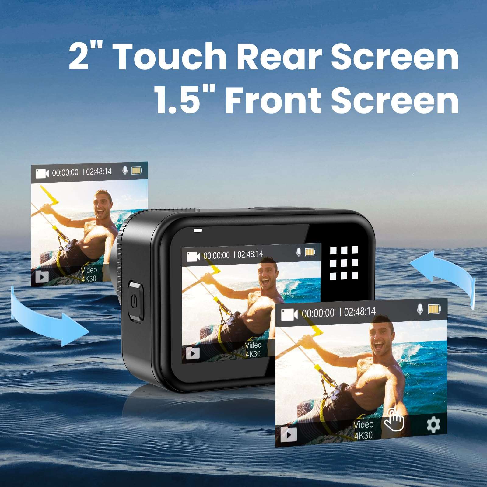 Upgrade 4K60FPS WiFi Action Camera 64MP Waterproof Camera with Touch Rear Screen, 8X Zoom Underwater Camera Snorkeling 65FT No Need a Waterproof Case with 64GB Card, Ideal for Travel Sports Vlog 5