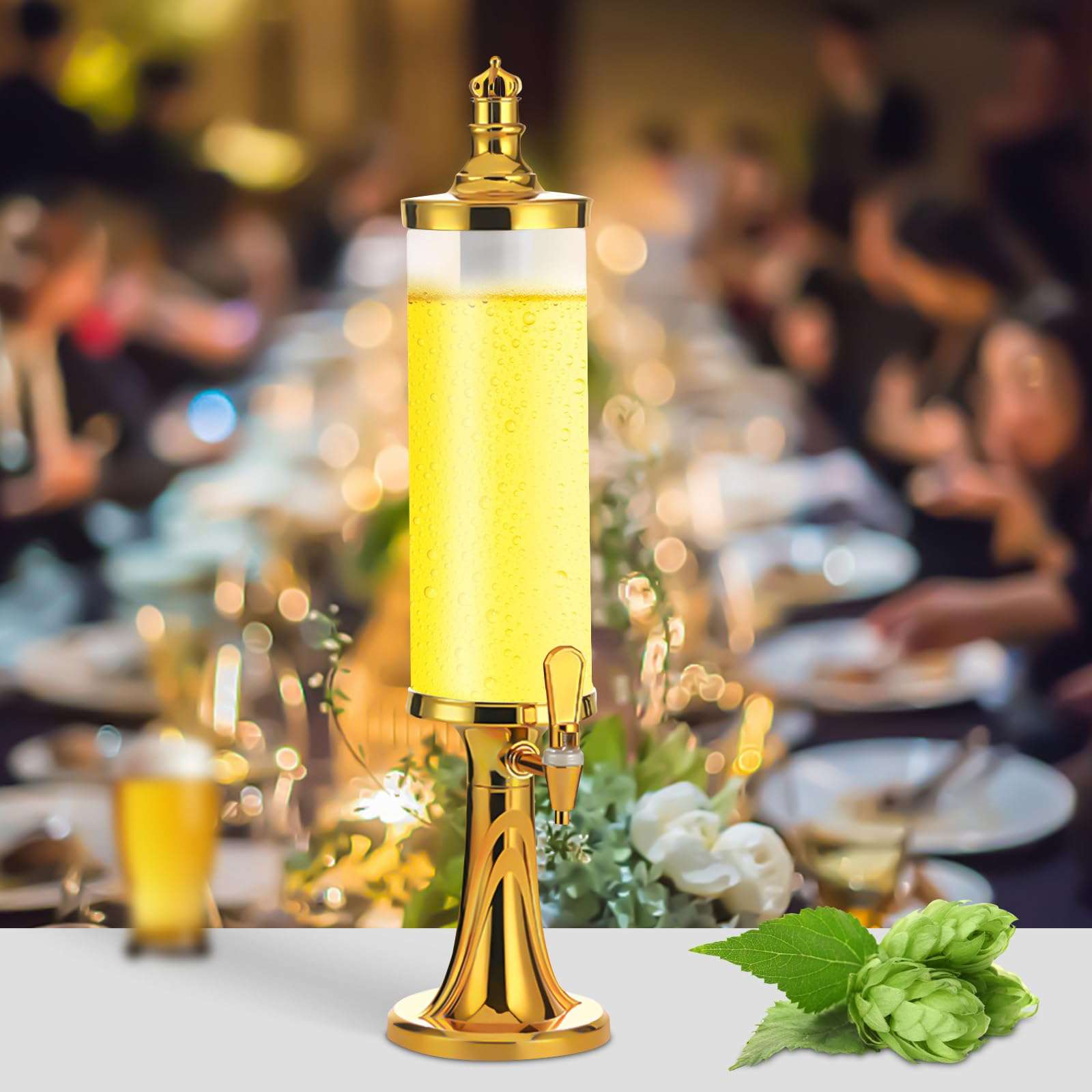 KONKENIE 3L Beer Tower Beverage Dispenser with LED Light and Ice Tube Clear Bottle Beverage Dispenser Faucet Iced Drink Tower Dispenser Tabletop Beverage Drink Dispenser for Home Bar Party Pub Gold 4