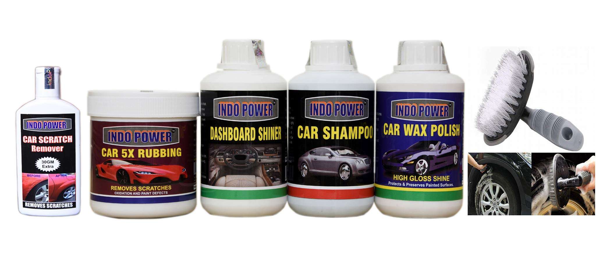 INDOPOWER HCYYY567- Dashboard Shiner 250ml+ CAR 5X RUBBING Polish 250ml+ CAR Wax Polish 250ml+ CAR Shampoo 250ml+ Scratch Remover 100gm. +All Tyre Cleaning Brush
