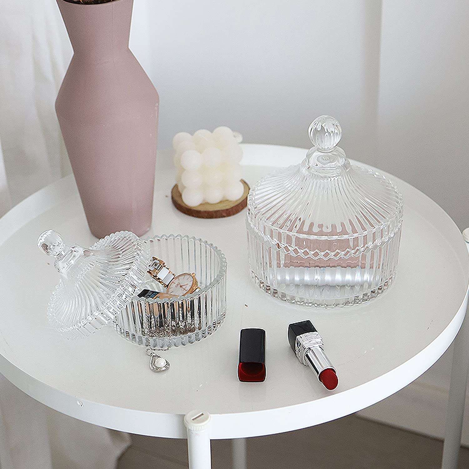 ROSEFINCH Crystal Candy Jar With Lid Decorative Candy Bowl Crystal Covered Candy Jar Glass Tent Shaped Jar Container For Home Office (250 ml)(Pack Of 1) 5