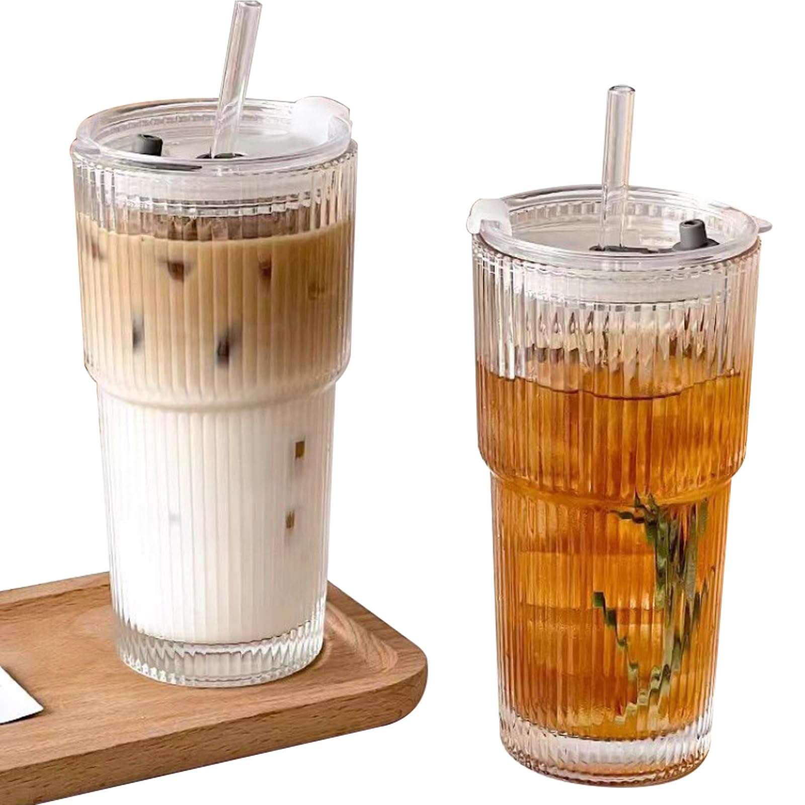 hosck 2 Pack Vertical Stripe Glass Cups, 20 OZ Clear Glass Tumbler with Lid & Straw, Iced Coffee Cup with Lids, Ice Matcha Cup, Dishwasher Safe Drinking Glasses for Coffee, Juice, Tea, Matcha 1