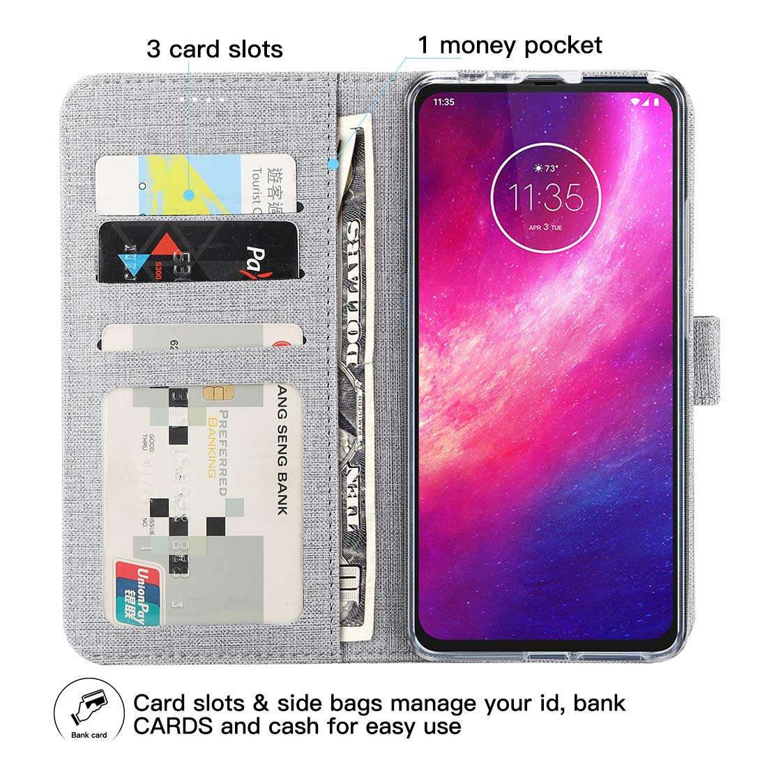 Foluu Motorola One Hyper Case, Wallet Case Cover Card Holster Canvas Flip/Folio Soft TPU Cover Bumper with Kickstand Ultra Slim Strong Magnetic Closure for Motorola One Hyper 6.5 inch 2019 (Gray) 3