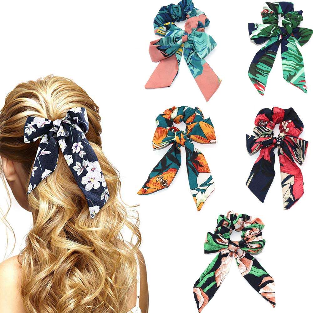 Tropical Travel Style Scrunchy Hair Rope Ties,Ribbon Bow Scrunchies Elastics Hair Bands,Soft Scarf Hair Ties Bowknot Ponytail Holder for Women Girls (Printed Scrunchies -5PCS-A) 1
