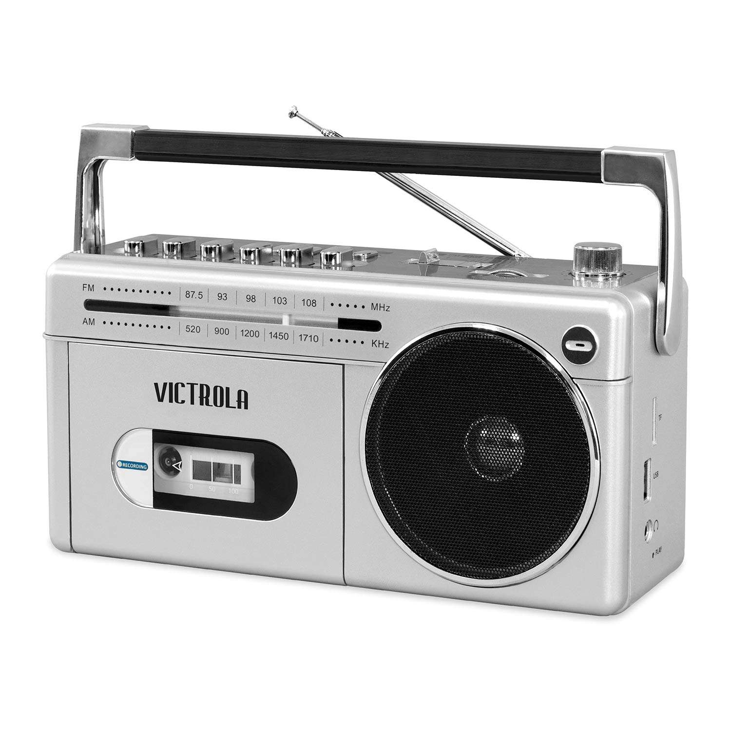 Victrola VBB-25-SLV Mini Bluetooth Boombox Cassette Player Bundle with VSC-550BT-TQ Vintage Suitcase Turntable 3