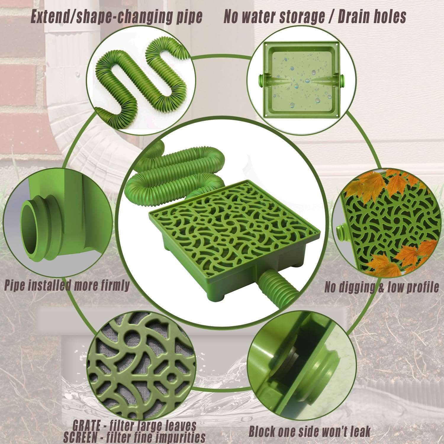 NAACOO Gutter Downspout Extensions Big Kit, Catch Basin + 2pcs Pipes, Low Profile Downspout Extender - Each Flexible Pipe is 8.2ft, 2 Pipes can Connected into Whole. Protect Foundation.(Grass Green) 5