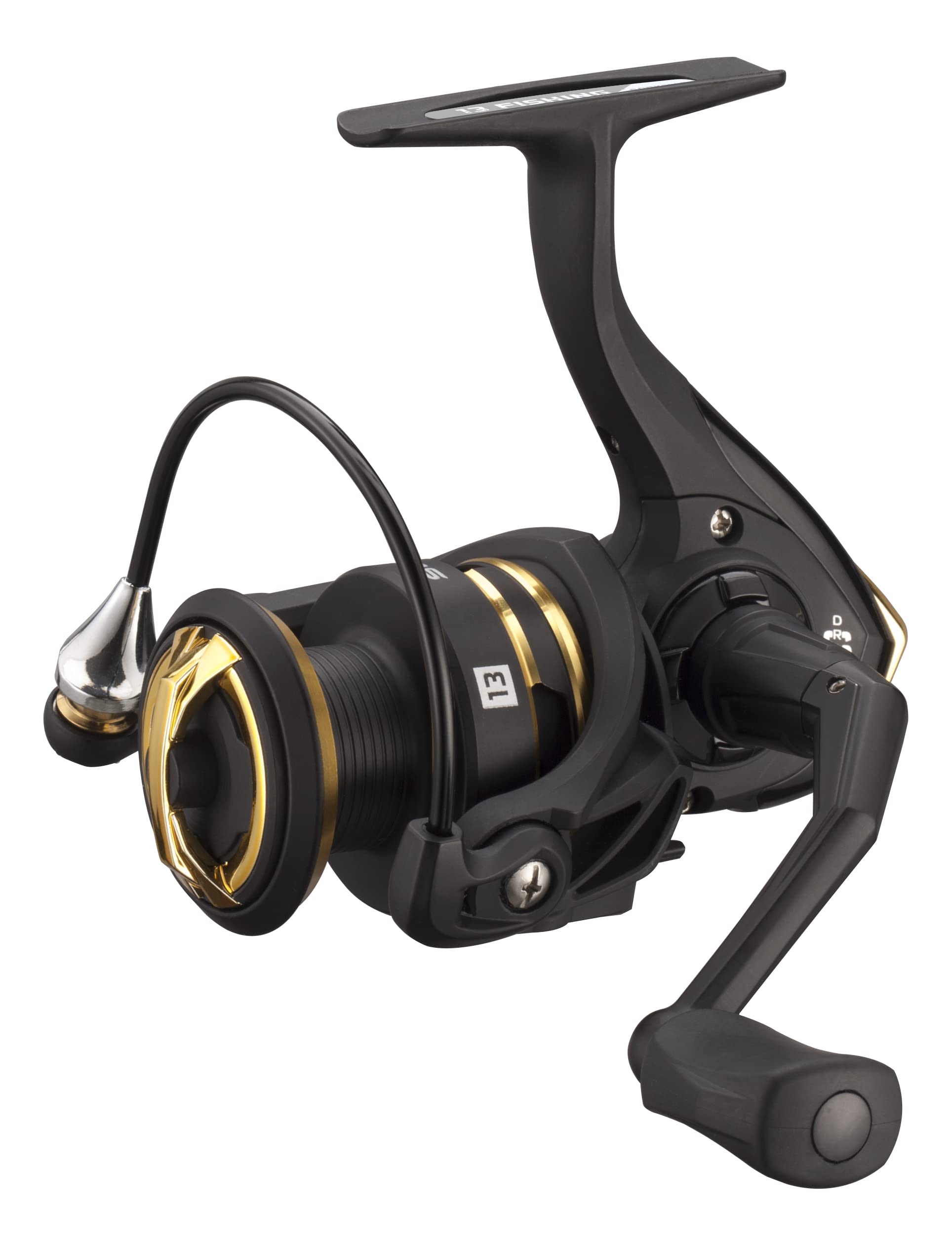 13 FISHING - Source R Spinning Reel - 5.2:1 Gear Ratio - 4.0 Size (Fresh) - SORR-5.2-4.0-CP,Black/Gold