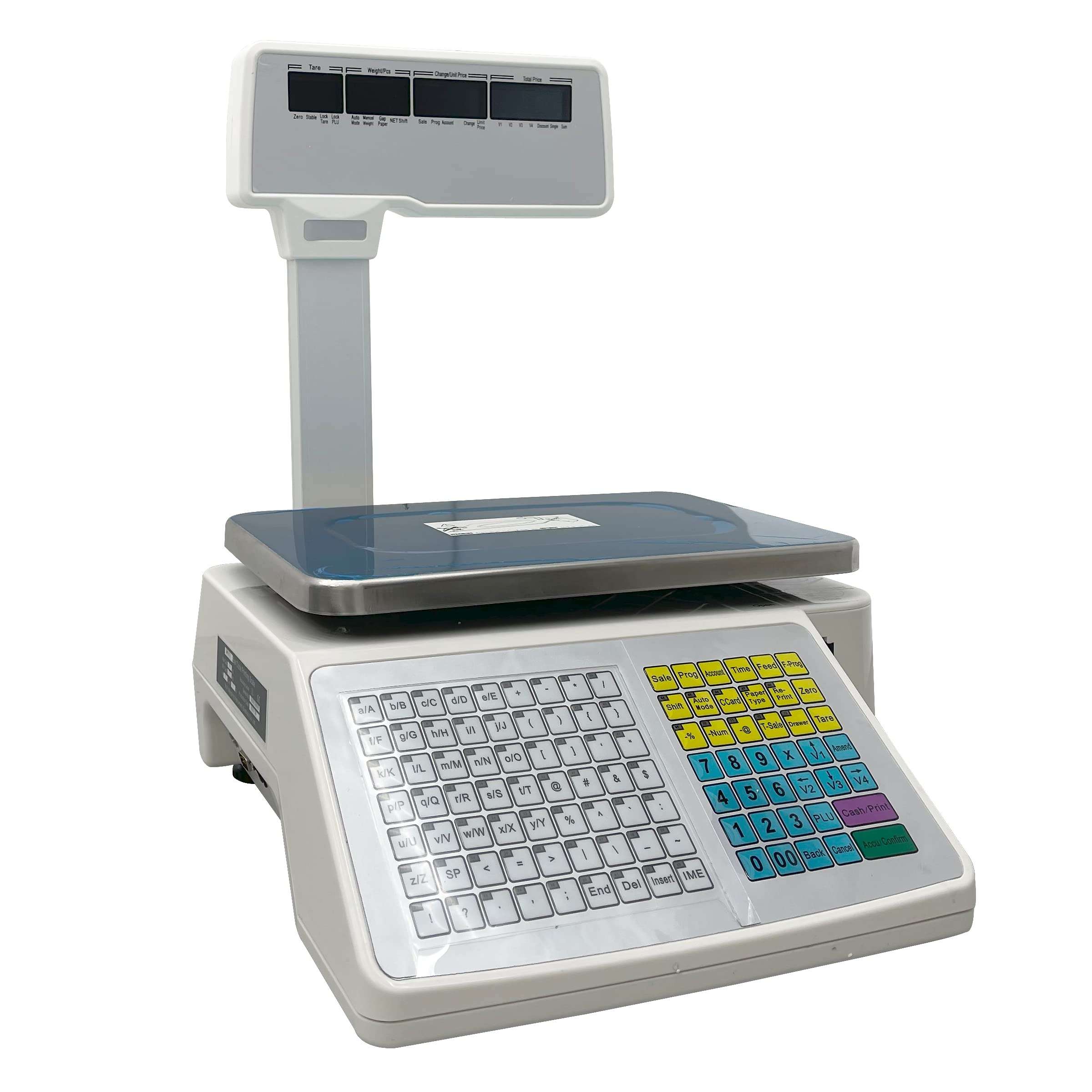 TECHTONGDA Price Computing Scale Commercial Digital Counting Scales 33lb Capacity with Pole Display and Label Printer for Supermarket Trade 110V 5