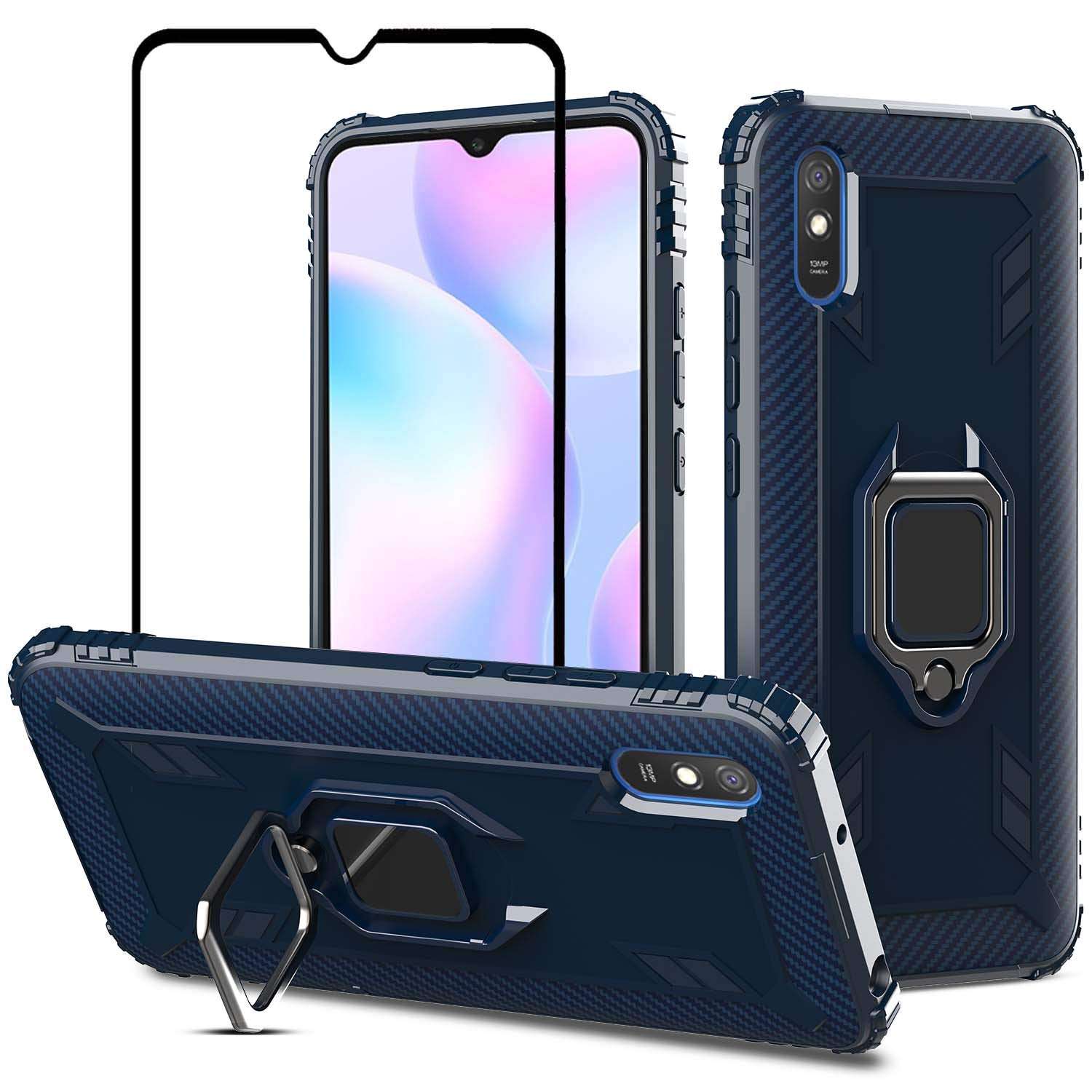 YISHIFD TANGDIAABBCC VICEANICS for Xiaomi Redmi 9A case with Tempered Glass Screen Protector, Soft TPU Armor Case Cover Reforced Cornors with Magnetic Finger Ring Holder Kickstand, Blue 1