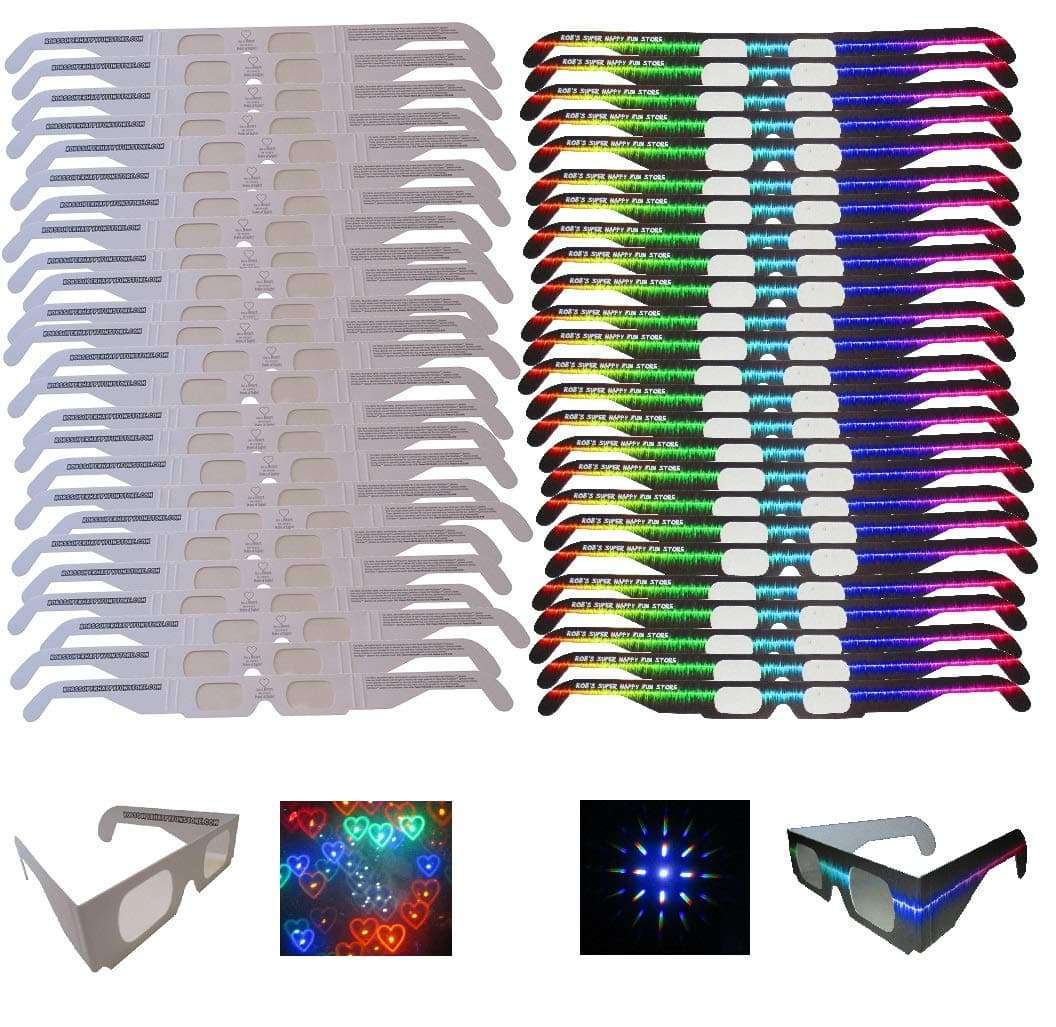 Fireworks Diffraction Glasses - 25 Rainbow Hearts (Plain White Frames) plus 25 Starburst Effect (Rave Waves Frames) - 50 Glasses Total for Fireworks, Holiday Lights, Wedding Receptions, Rave Events 2