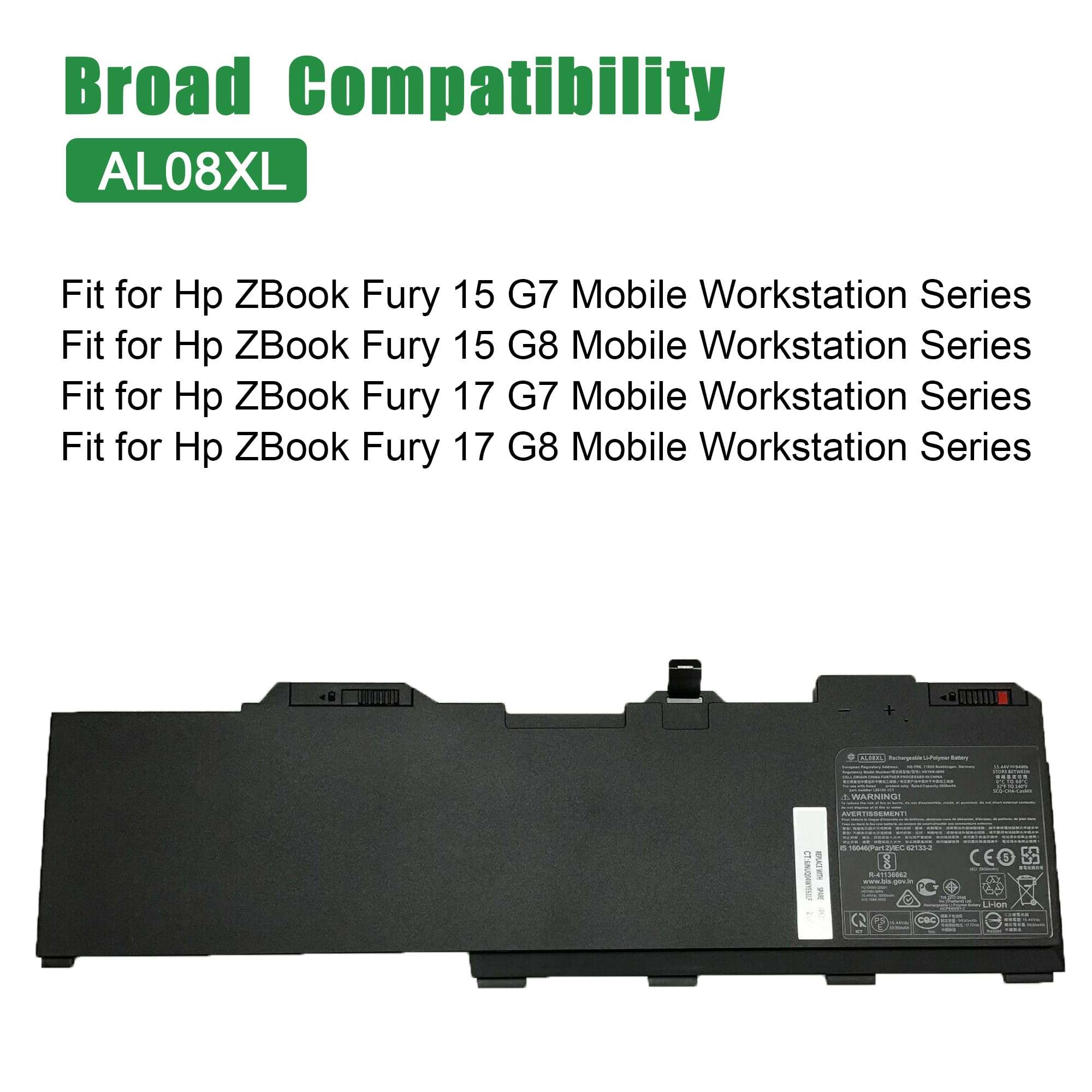 JIAZIJIA AL08XL Laptop Battery Replacement for Hp ZBook Fury 15 G7 G8 17 G7 G8 Mobile Workstation 119W4EA 119X7EA 119Y6EA 119Y9EA 1J3Y8EA 2B0T7UT Series L86212-001 HSTNN-IB9N L86155-1C1 15.44V 94Wh 5
