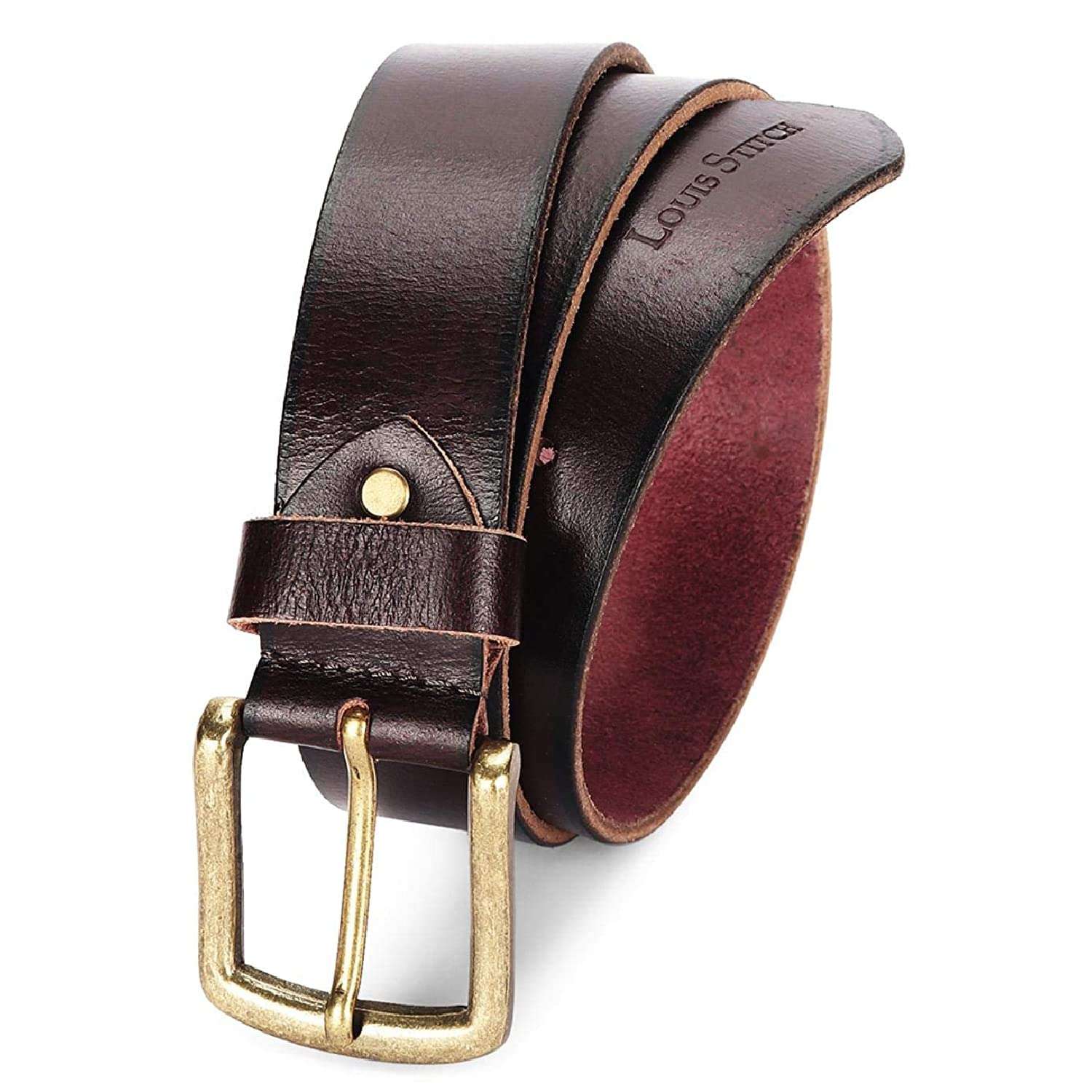 LOUIS STITCH Men's Rosewood Red Italian Raw Leather Belt Premium Hand Padded Casual Belts for Men With Heavy Brass Buckle 1.5 Inch (38mm) (CAHPRW36)