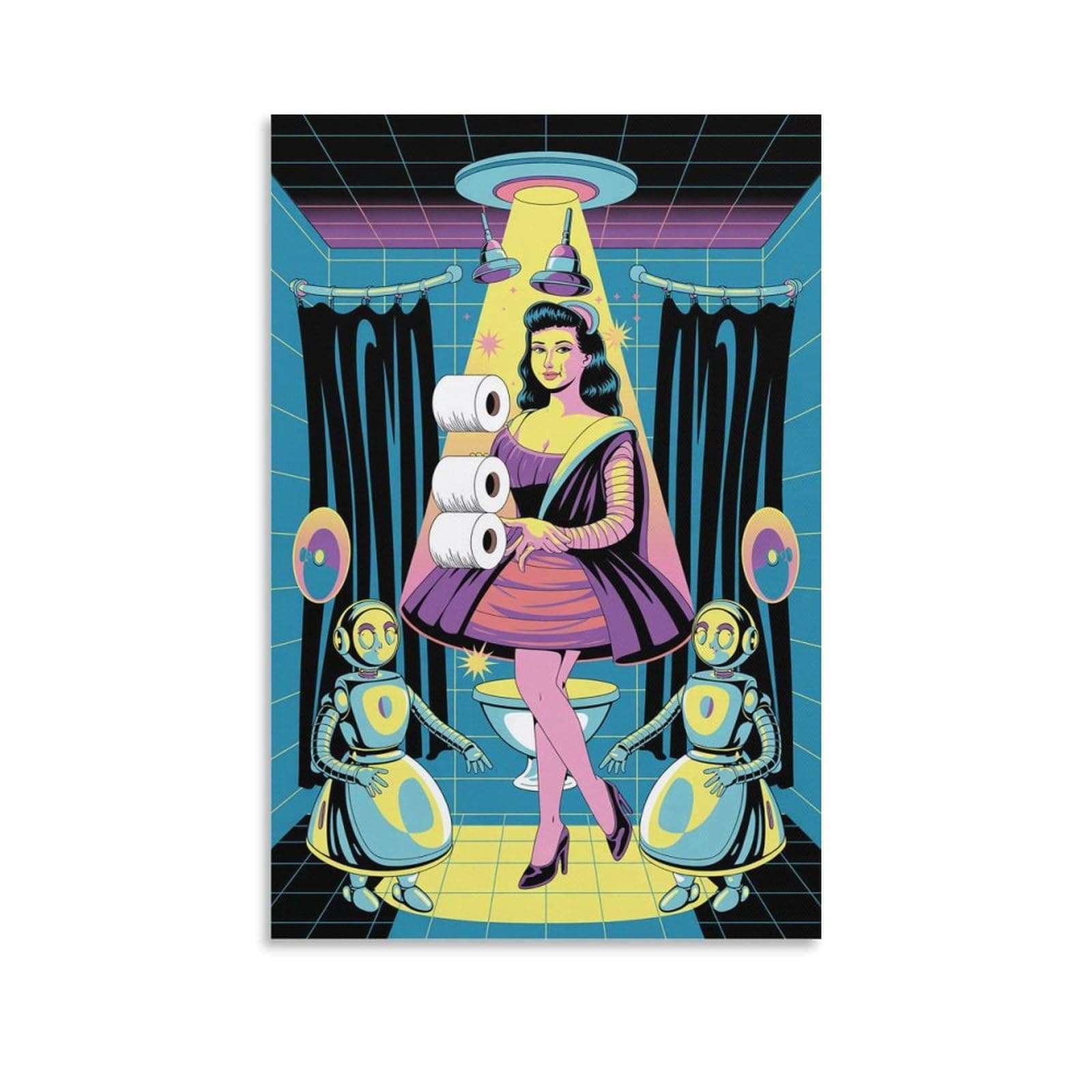 Whimsical Bathroom Decor UFO Scrubber Beehive Hair & Atomic Age Blacklight Curtains Canvas Poster Unframe-style 16x24inch(40x60cm) 1