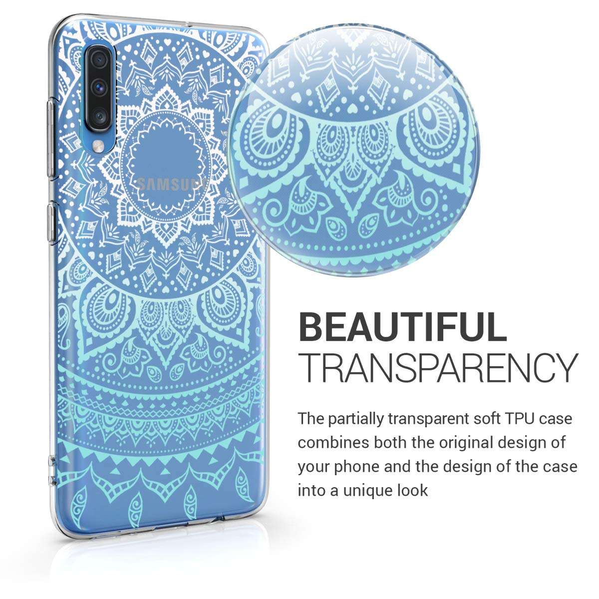 kwmobile Clear Case Compatible with Samsung Galaxy A70 - Phone Case Soft TPU Cover - Indian Sun Mint/White/Transparent 3