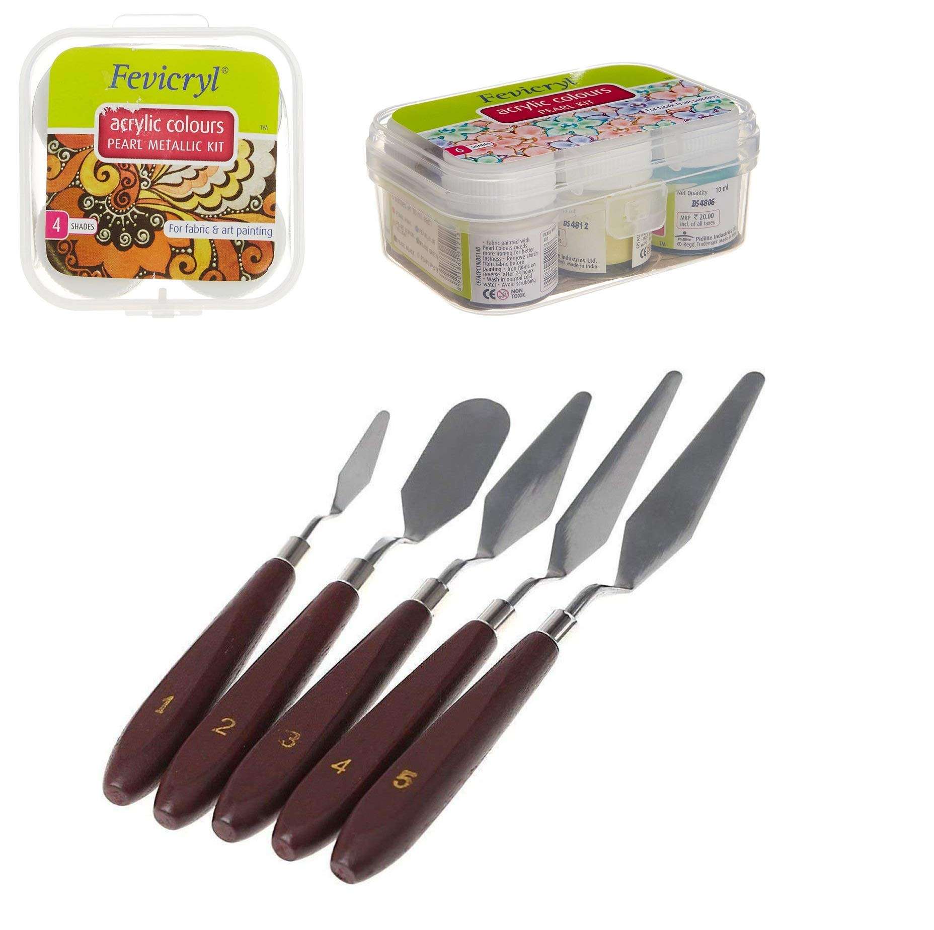 Definite Art Craft Painting (Fevicryl Pearl Metallic Colours and Pearl Colours (10 Ml X 10) with Palette Knives (Set of 5)) 1