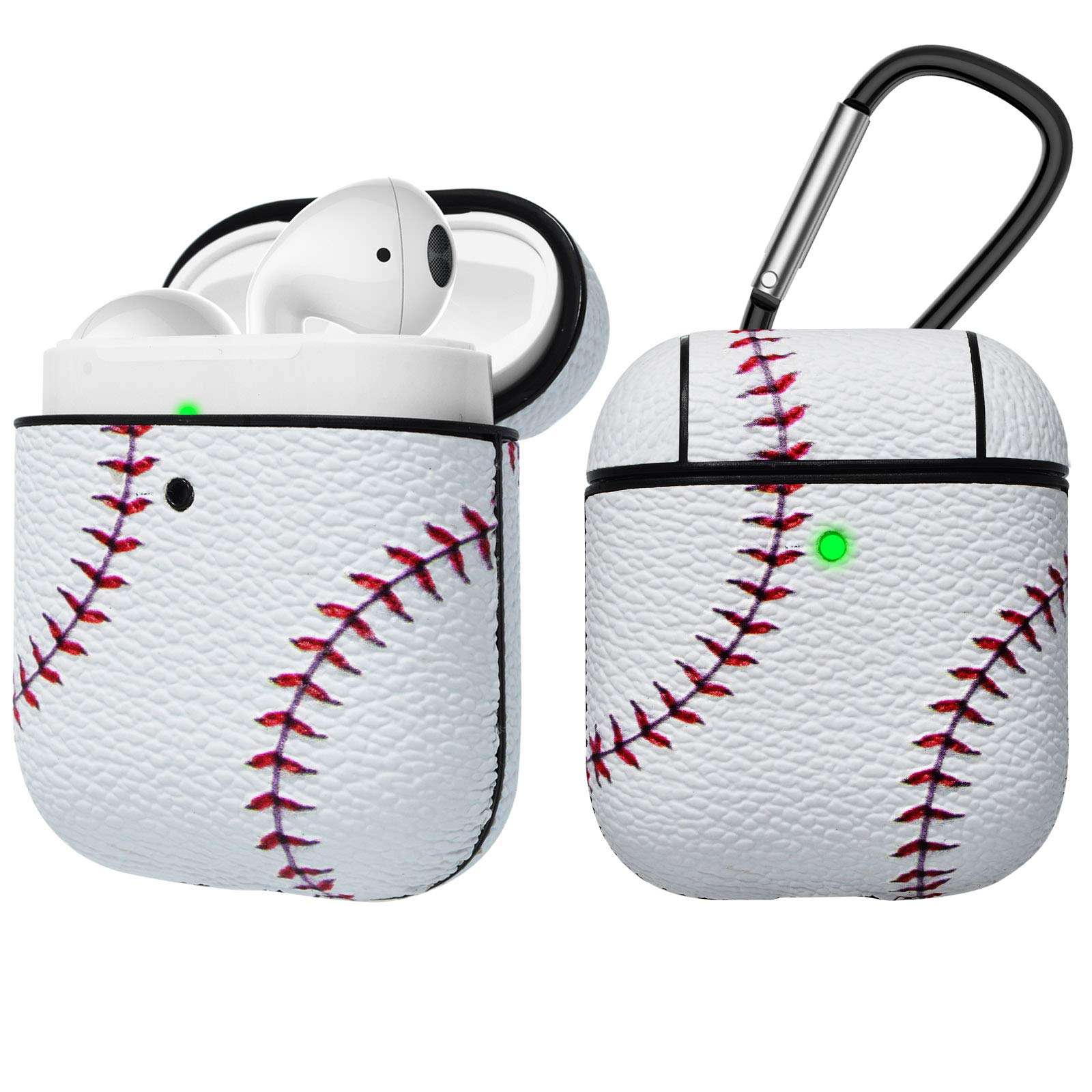 Tekcoo AirPods Case, [Front LED Visible] AirPods Accessories Cover Compatible with Apple Airpods 1 & AirPods 2 Protective PC Plastic Inner + PU Vegan Leather Pattern Skin & Keychain [Baseball] 1