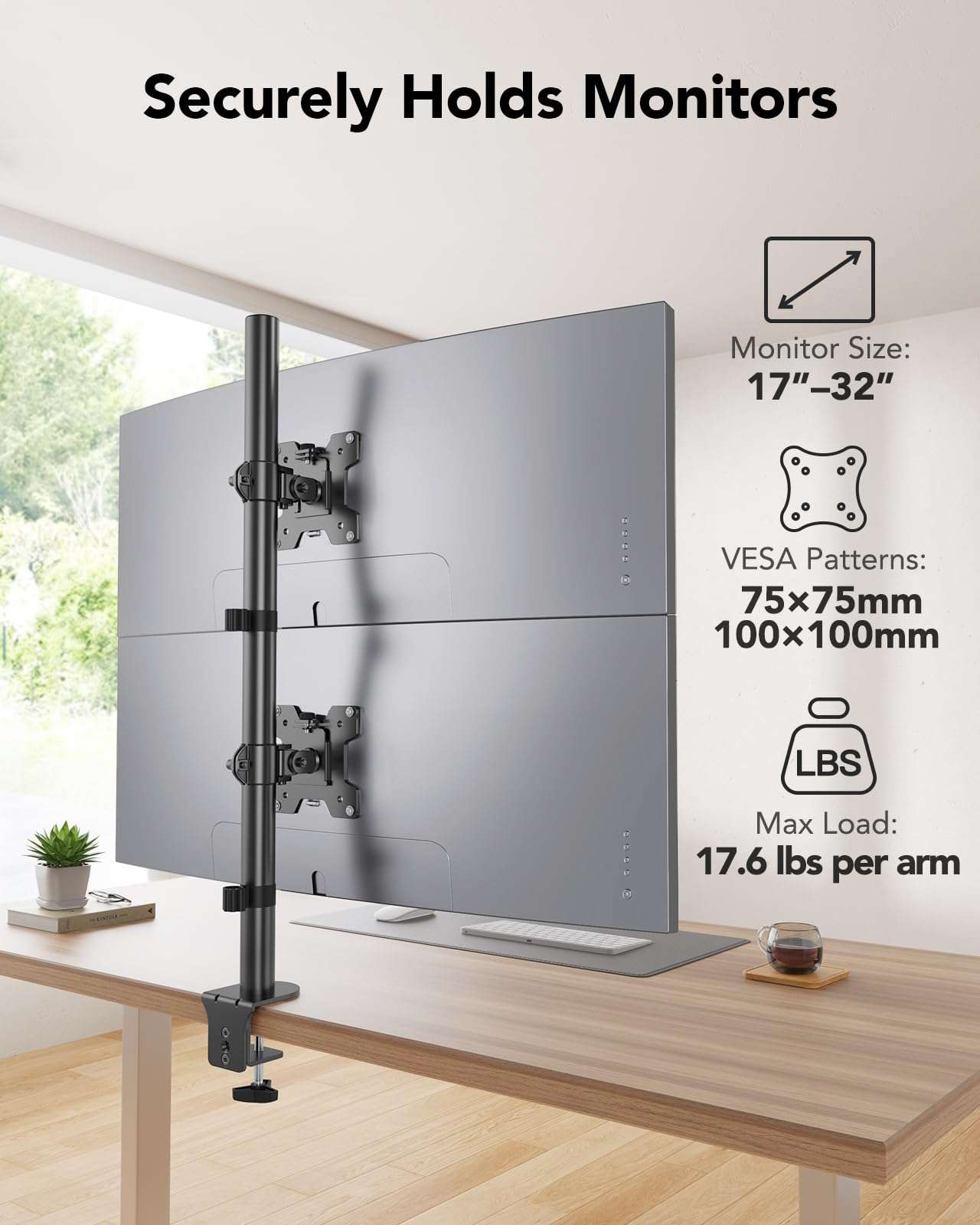 HUANUO Vertical Dual Monitor Mount, Stacked Monitor Stand for 2 Monitors with Height Adjustment Computer Monitor Arm Supports Two 17 to 32 Inch with C Clamp Each Desk Mount Hold up to 17.6lbs 2